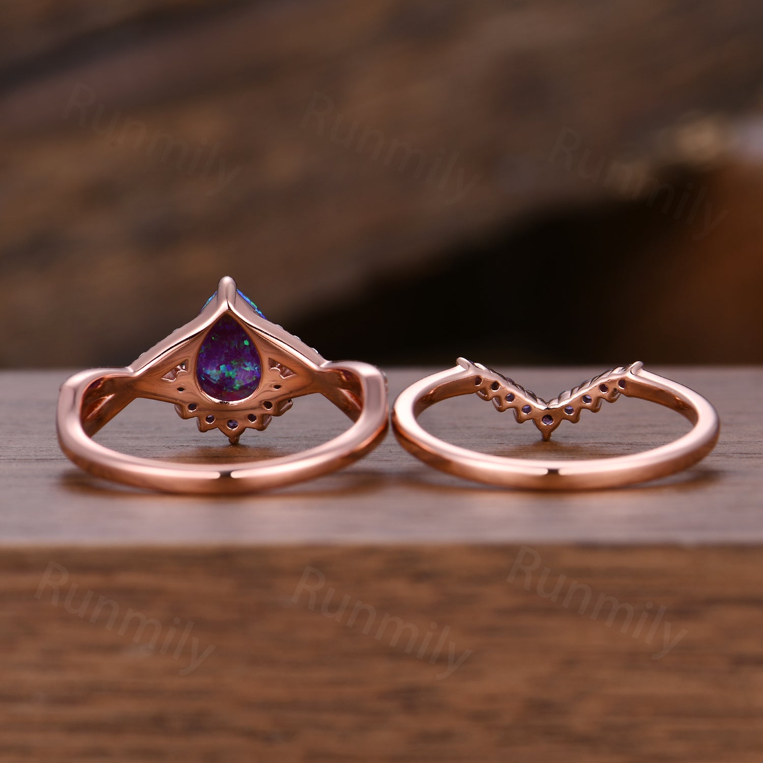 Vintage Lavender Opal Engagement Ring Set Rose Gold Purple Fire Opal Ring Art Deco Curved Amethyst Wedding Ring Set For Women