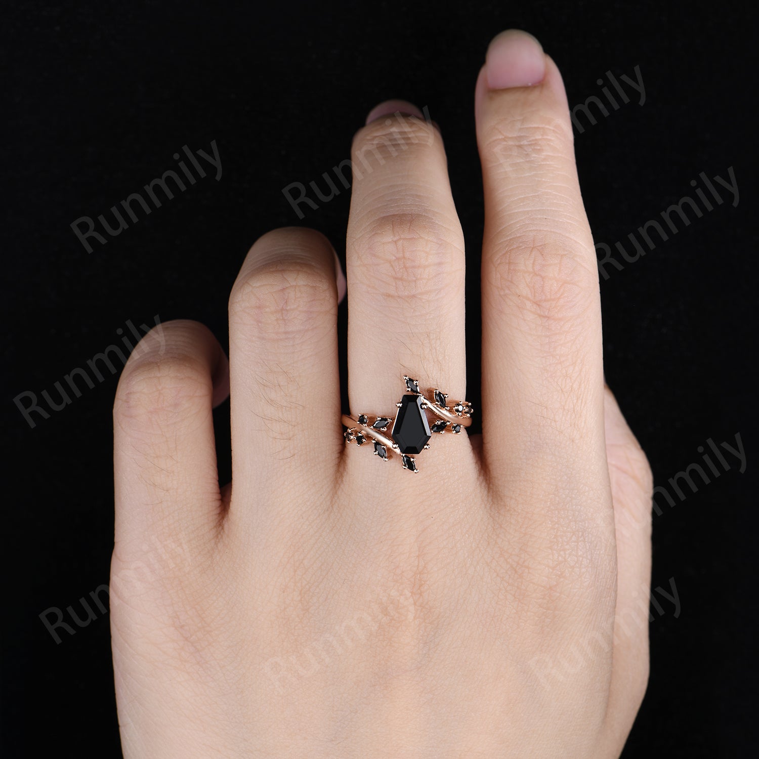 Coffin Cut Black Onyx Ring Rose Gold Wedding Band Promise Ring For Women Black Gems Ring