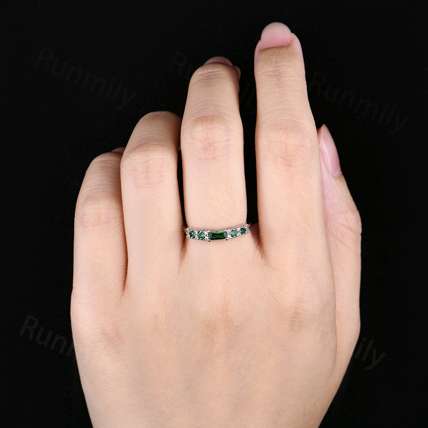 Baguette Emerald Wedding Band Unique Dainty Moissanite Band Art Deco Cluster Stacking Anniversary Ring For Women