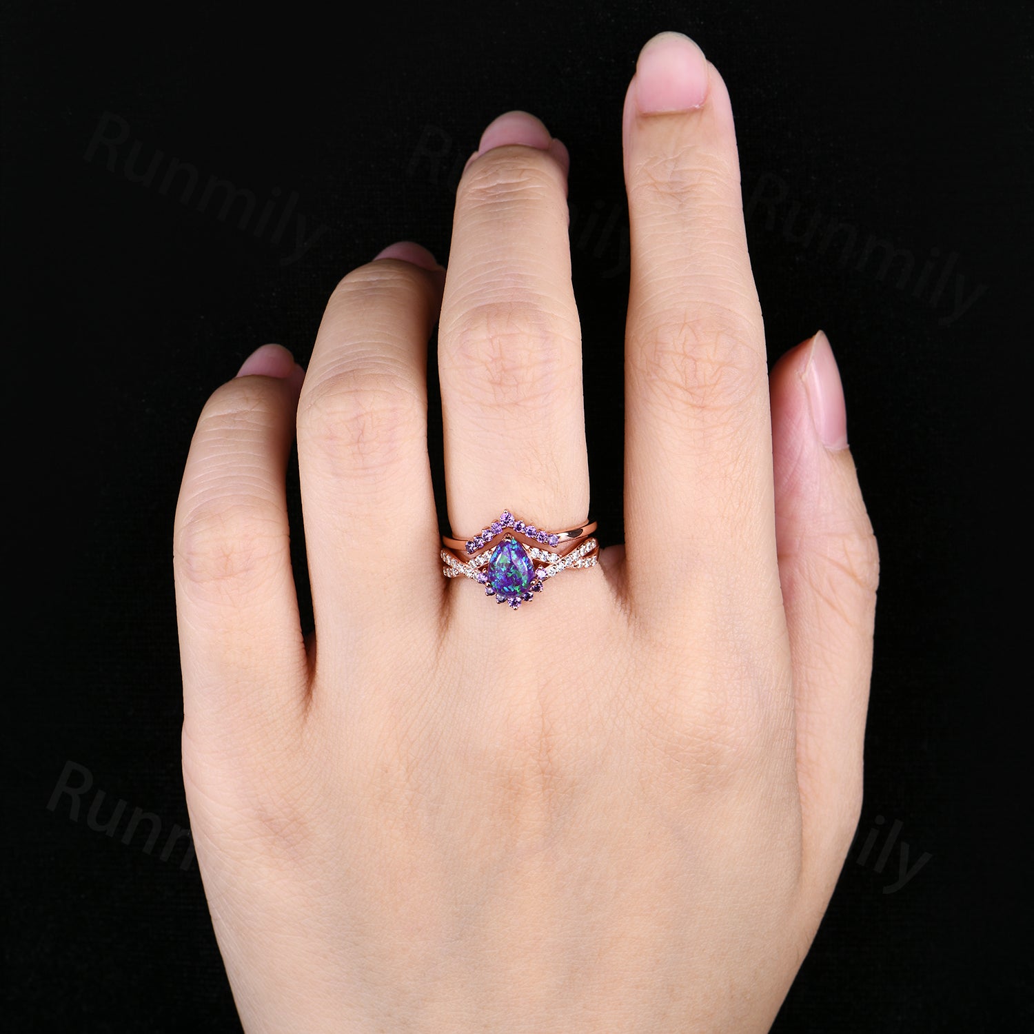 Vintage Lavender Opal Engagement Ring Set Rose Gold Purple Fire Opal Ring Art Deco Curved Amethyst Wedding Ring Set For Women