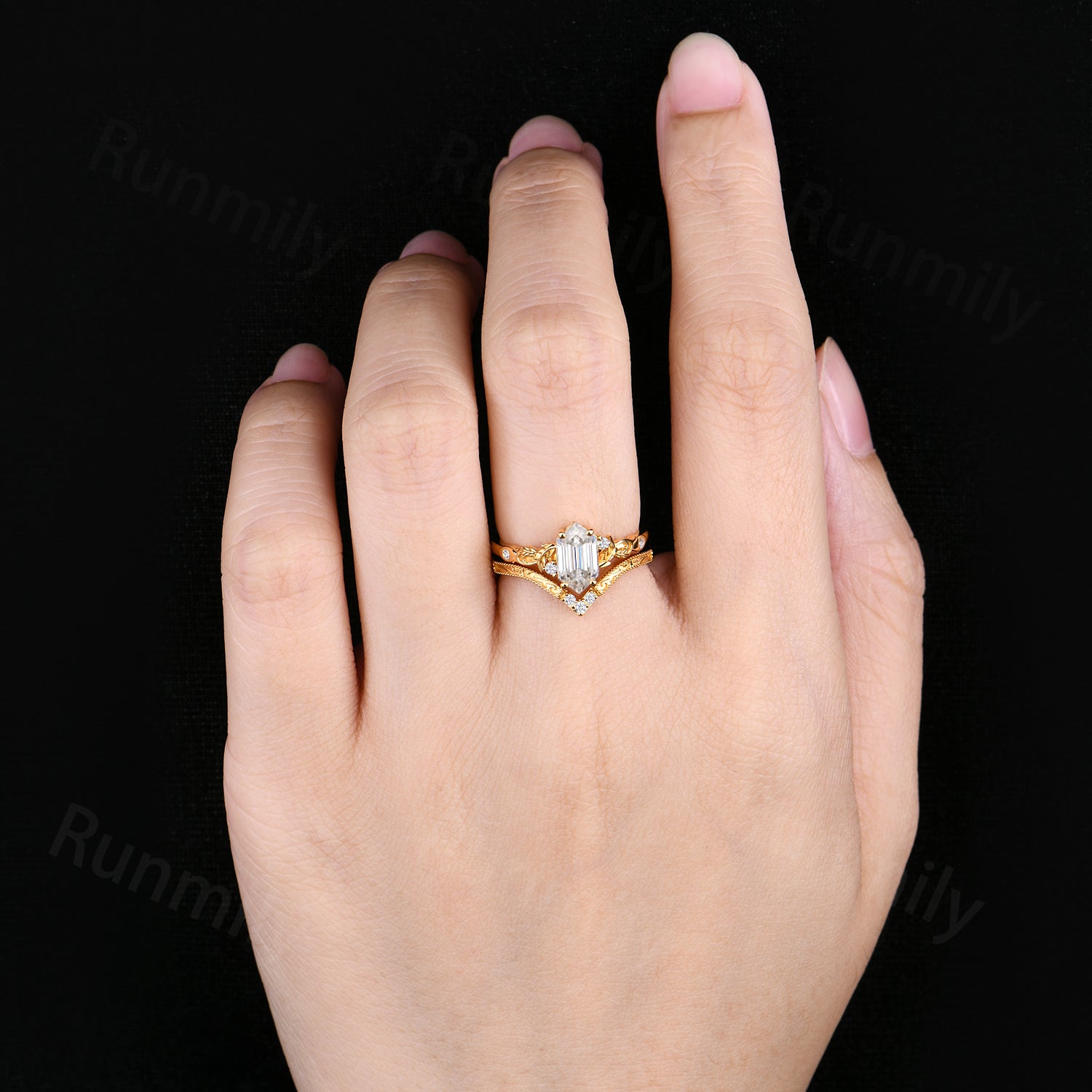 Art Deco Nature Inspired Moissanite Engagement Ring Yellow Gold Vintage Hexagon Cut Diamond For Women Antique Filigree Anniversary Ring Set