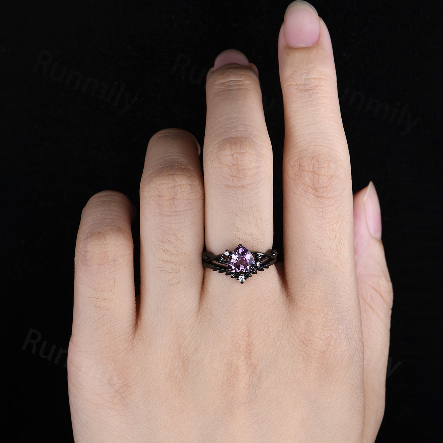 Gothic heart shaped Amethyst engagement ring black gold art deco twig leaf nature inspired moissanite bridal wedding ring set Romantic gifts