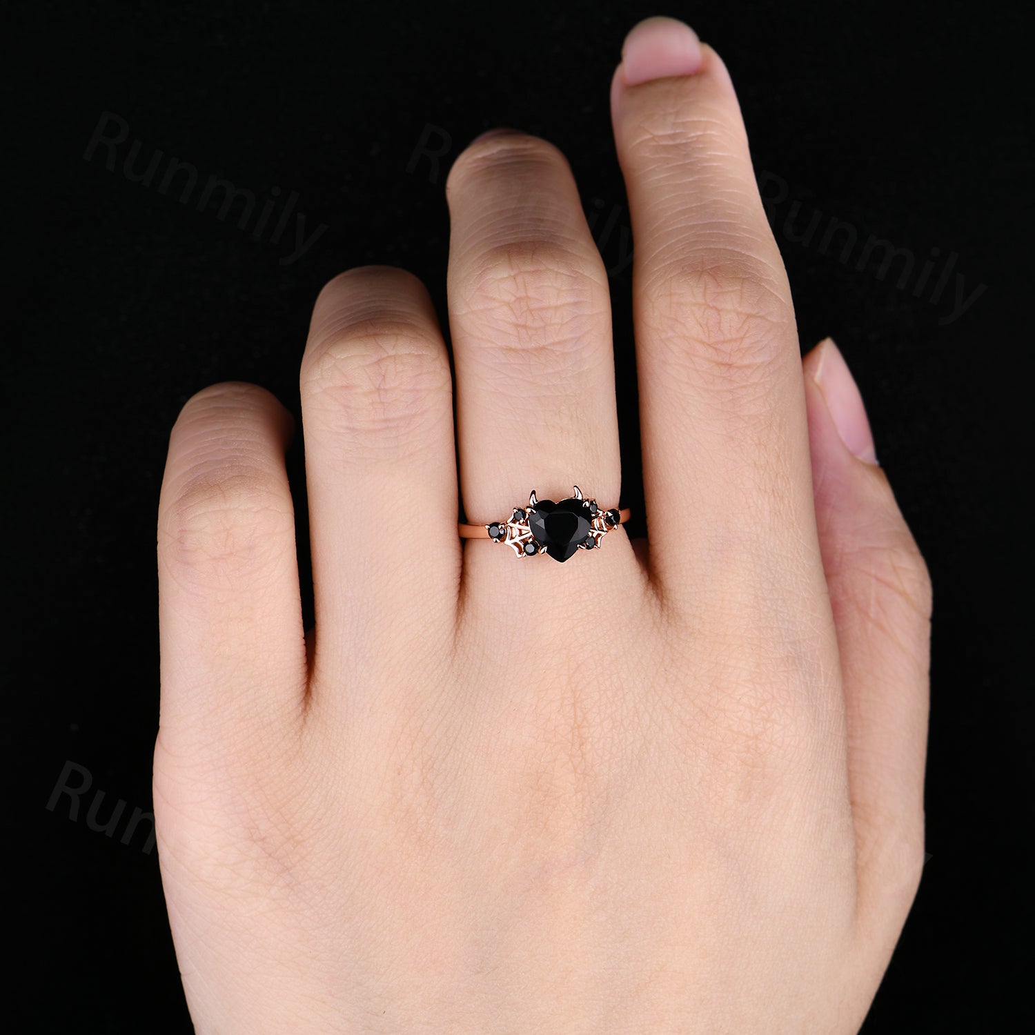 Vampire Black Onyx Engagement Ring, Gothic Spider Wed Promise Anniversary Ring, Heart Shaped Ring