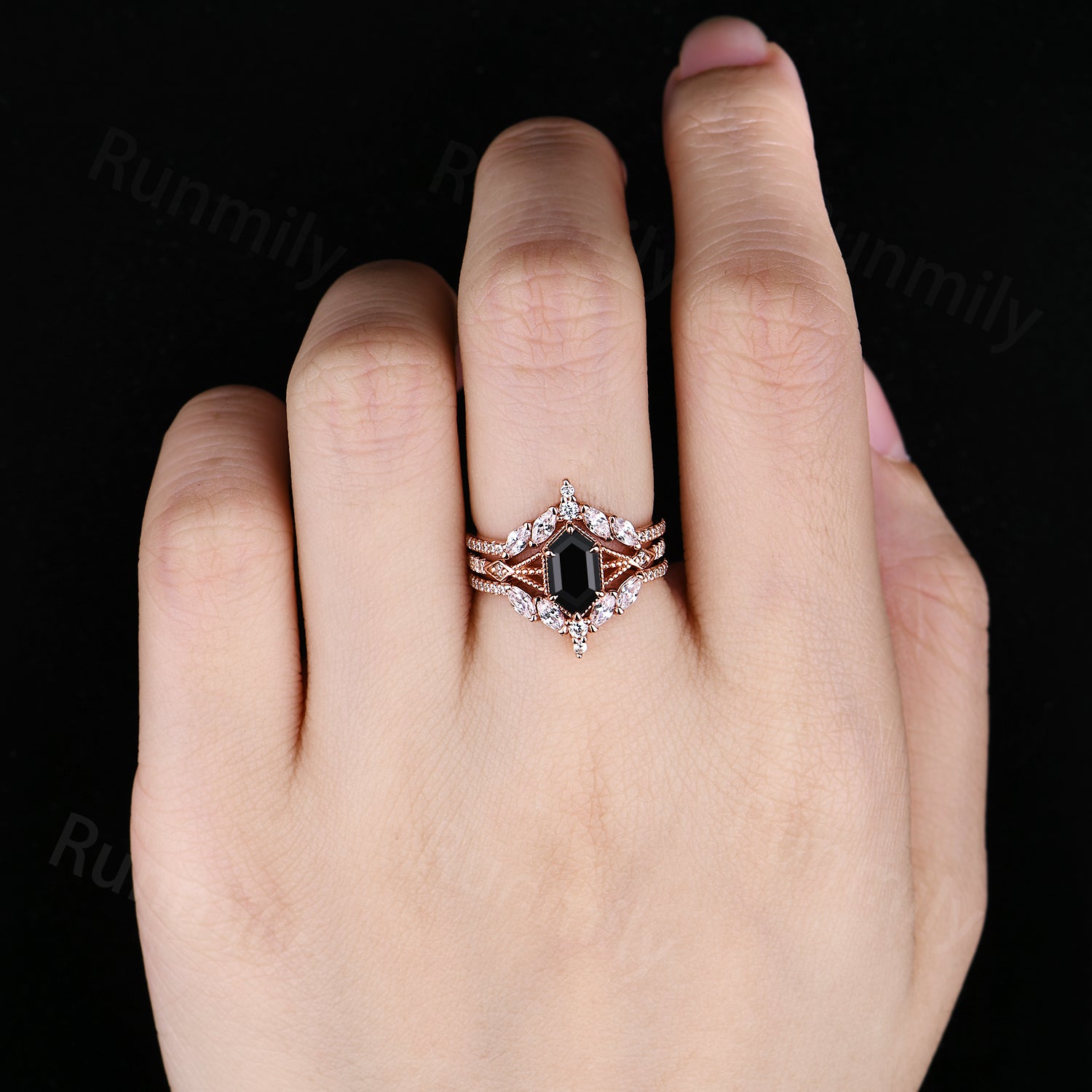 Vintage Black Onyx Engagement Ring Set Women Rose Gold Hexagon Cut Wedding Ring Double Curved Moissanite Enhancer Stacking Bridal Ring