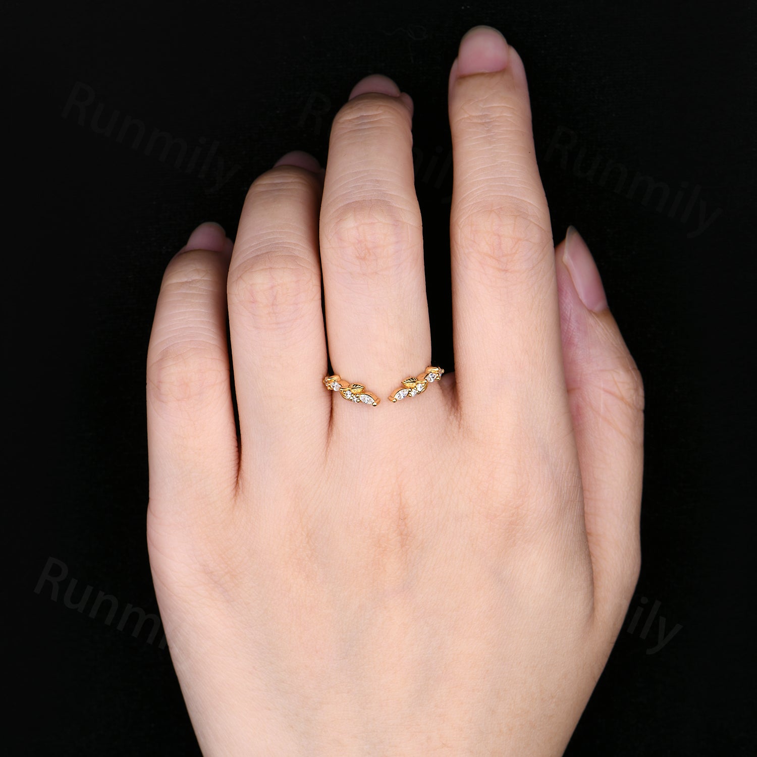 Open Gap Moissanite Wedding Band Nature Inspired Diamond Band Solid Yellow Gold Leaf Stacking Anniversary Ring For Women