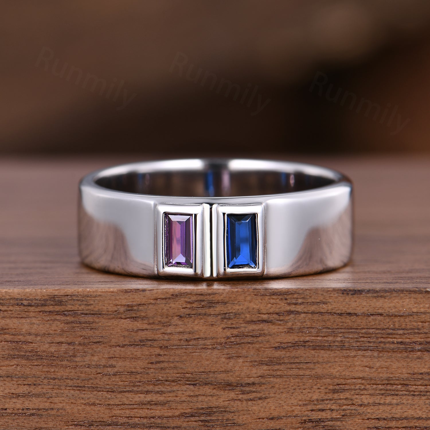 Men's 6mm Baguette Blue Sapphire & Amethyst Wedding Band Sterling Silver Stackable Matching Band Family Ring Personalized Gift For Him