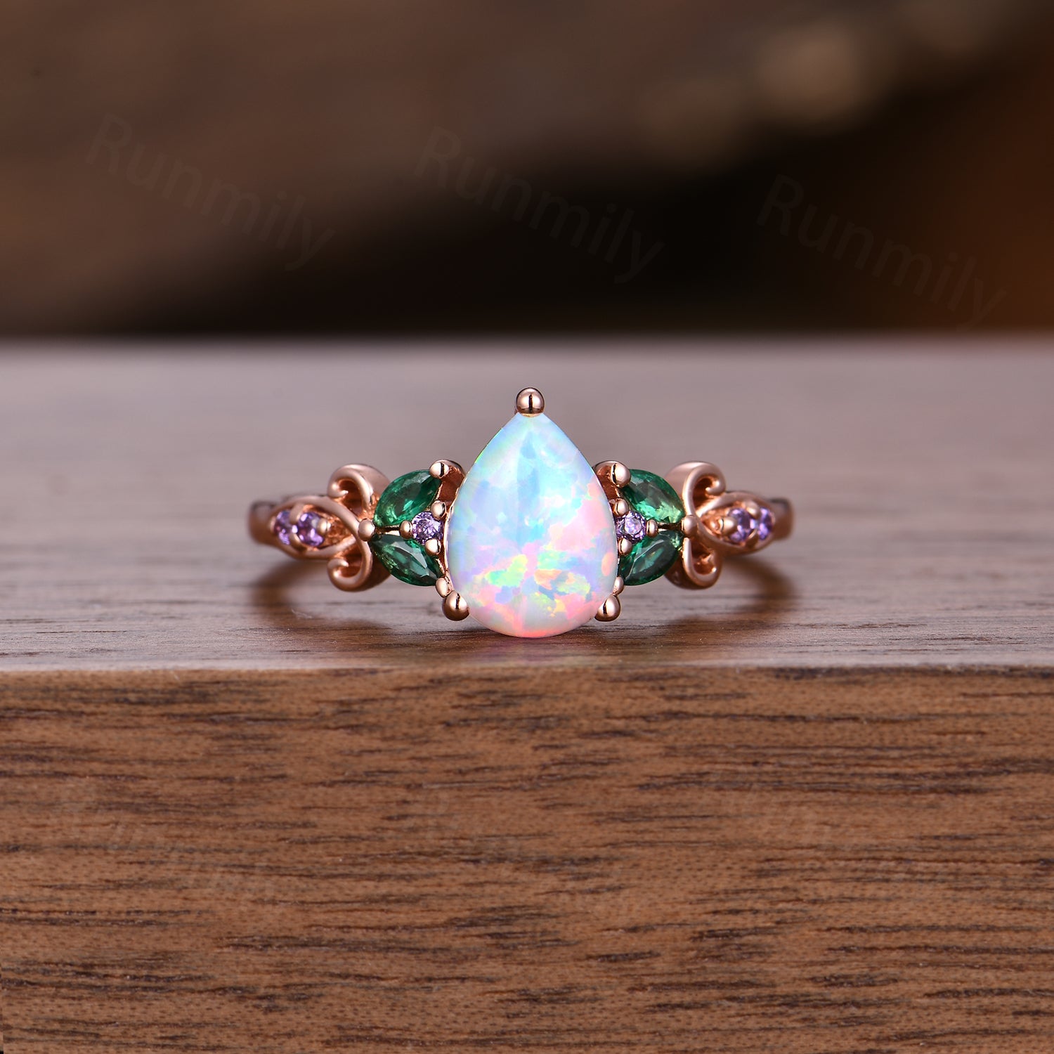 Vintage Pear White Opal Engagement Ring Rose Gold Art Deco Cluster Ring Set Emerald Amethyst Wedding Set Multi Stone Ring