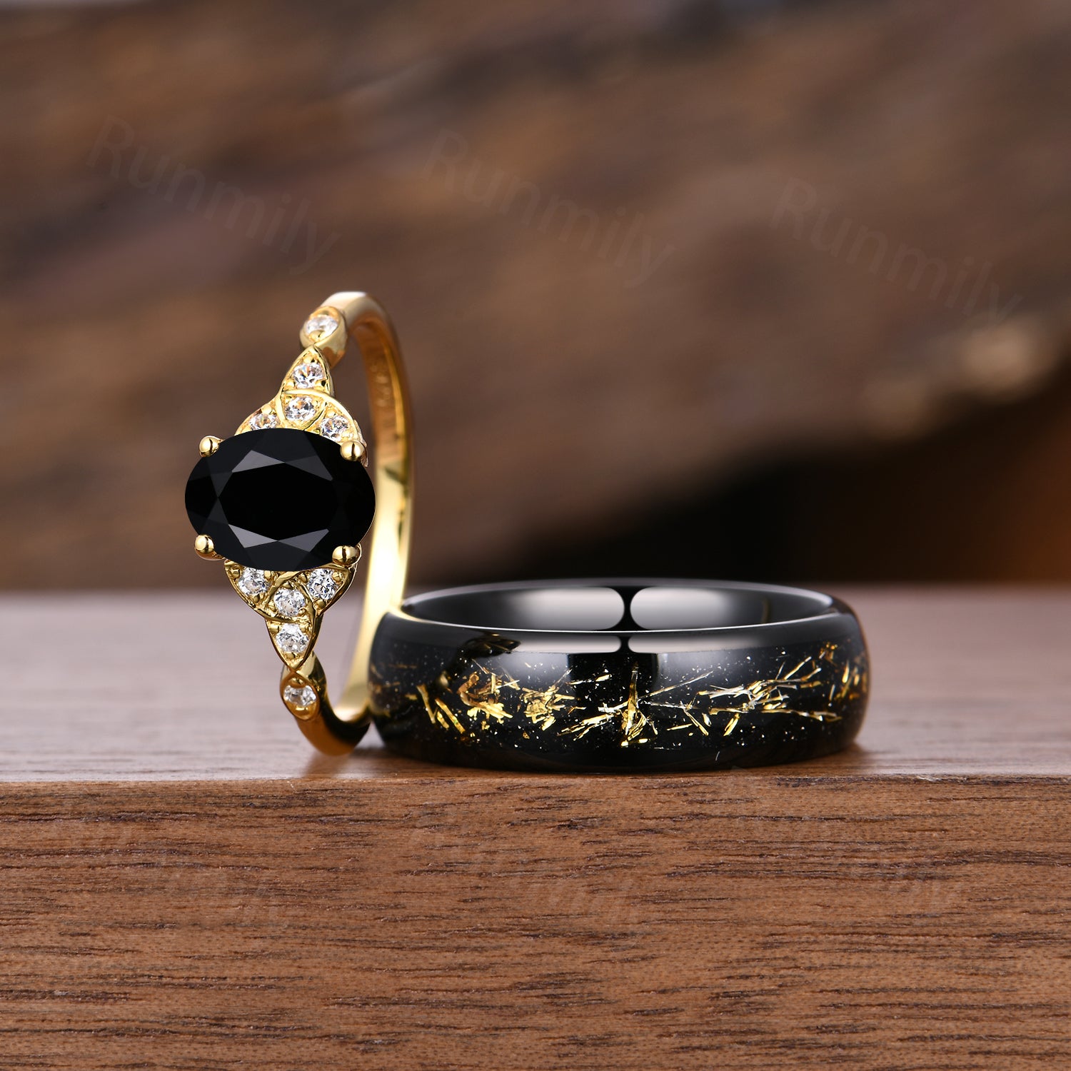 Oval Black Onyx Couples Ring Set - His and Hers Yellow Gold Matching Rings - Celtic Knot Promise Wedding Ring