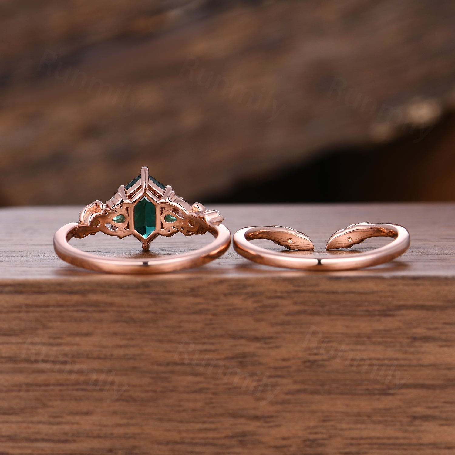 Unique Hexagon Cut Emerald Engagement Ring Set Art Deco Leaf Nature Inspired Ring 14k Rose Gold May Birthstone 2pcs Bridal Ring Set