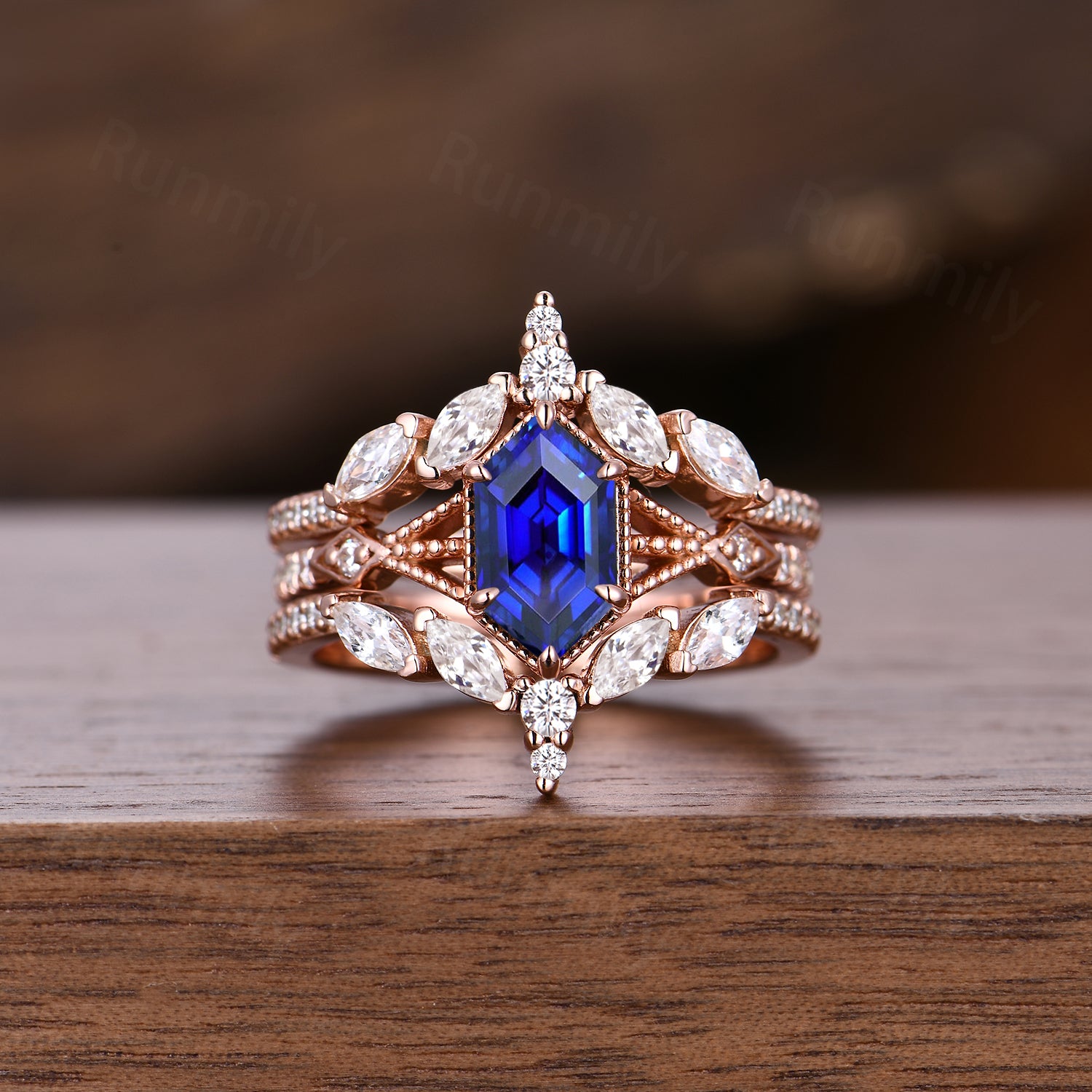 Blue Sapphire Couples Ring Set Vintage Double Curved Diamond Band Rose Gold His and Her Wedding Band Promise Ring For Men and Women