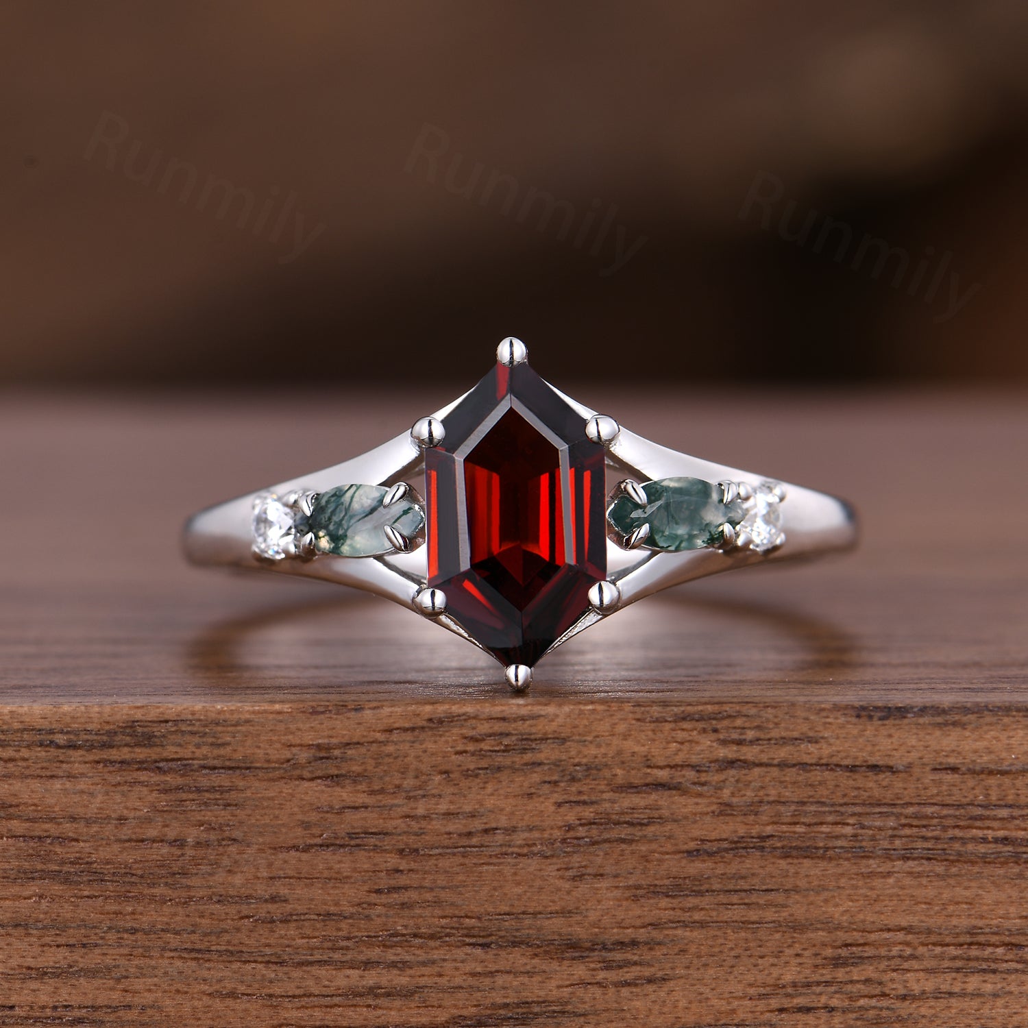 Unique Hexagon Garnet Engagement Ring Set White Gold Moss Agate Ring Curved Moissanite Stacking Bridal Wedding Ring Set Promise Ring