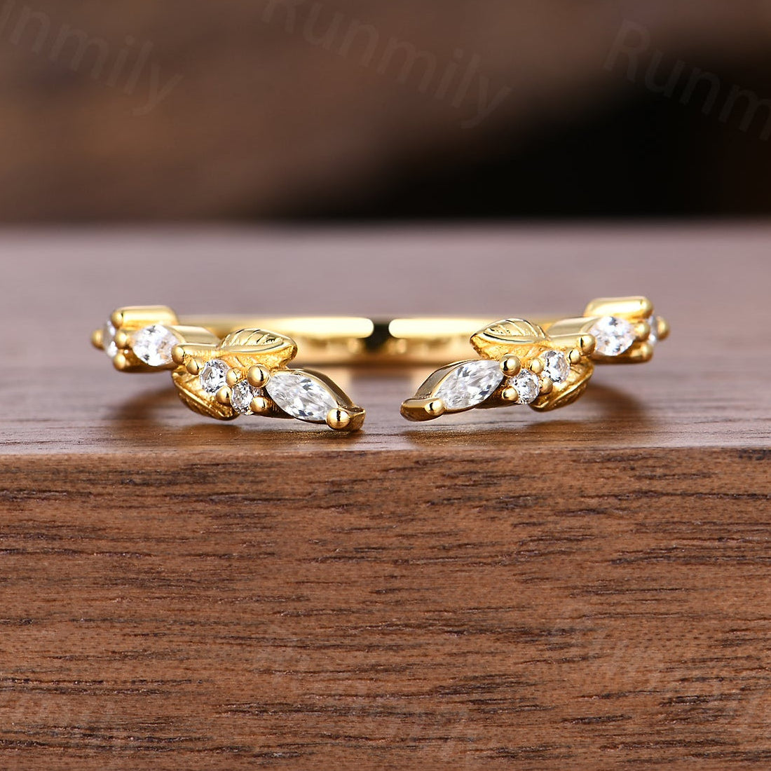 Open Gap Moissanite Wedding Band Nature Inspired Diamond Band Solid Yellow Gold Leaf Stacking Anniversary Ring For Women