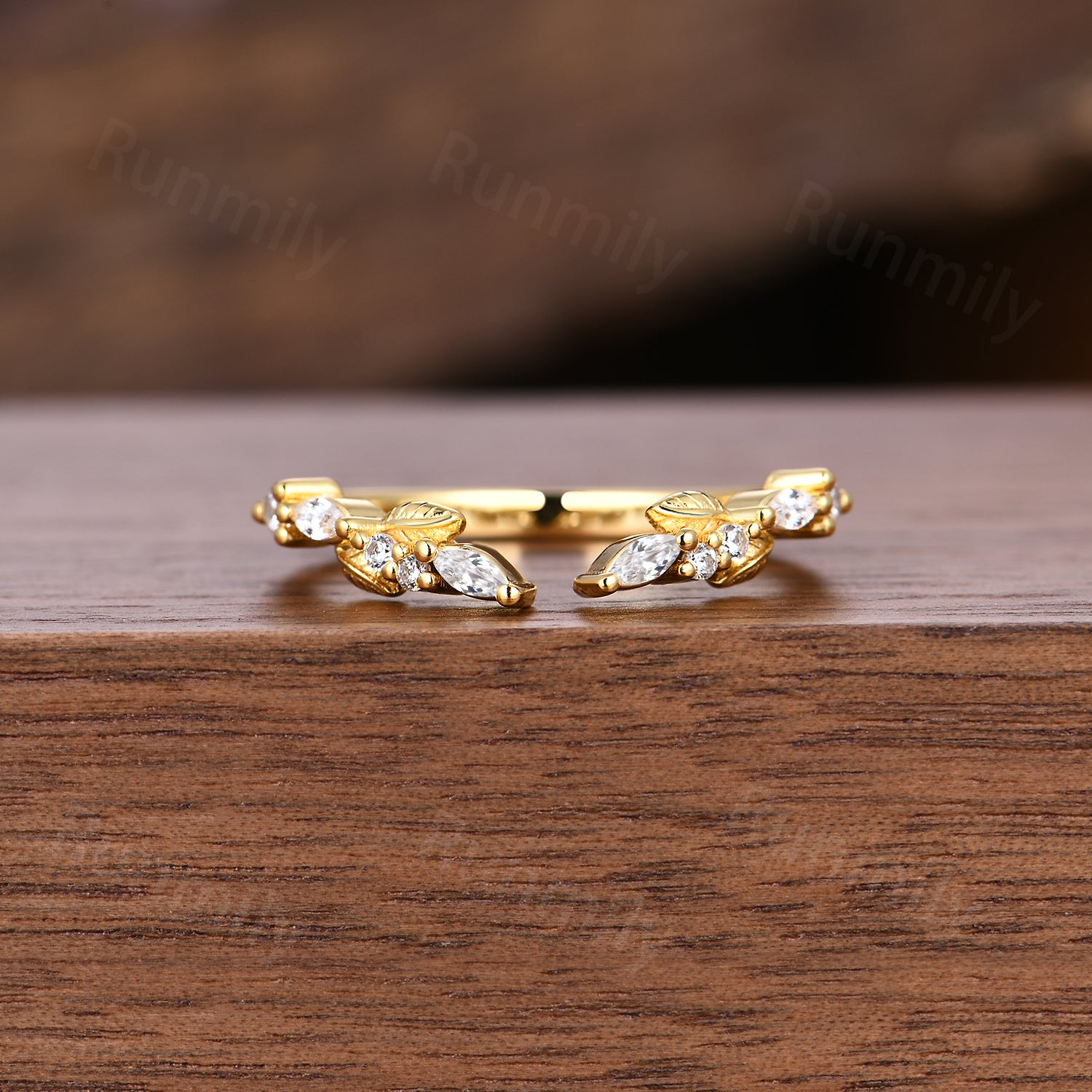 Open Gap Moissanite Wedding Band Nature Inspired Diamond Band Solid Yellow Gold Leaf Stacking Anniversary Ring For Women