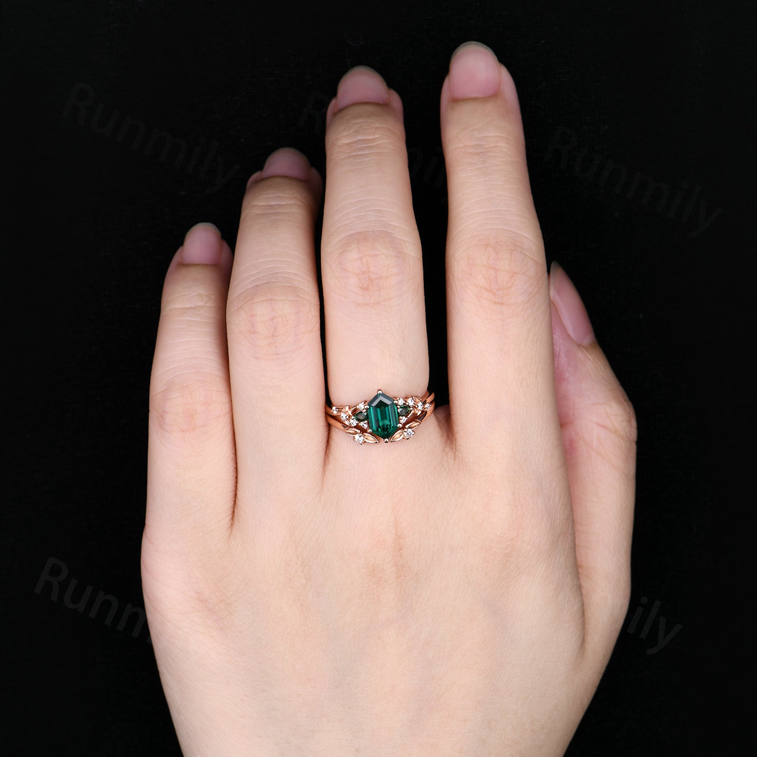 Unique Hexagon Cut Emerald Engagement Ring Set Art Deco Leaf Nature Inspired Ring 14k Rose Gold May Birthstone 2pcs Bridal Ring Set