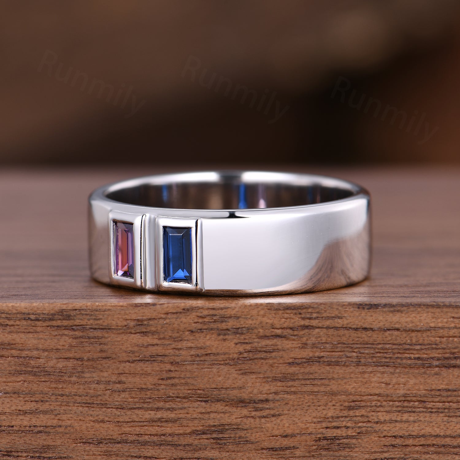 Men's 6mm Baguette Blue Sapphire & Amethyst Wedding Band Sterling Silver Stackable Matching Band Family Ring Personalized Gift For Him