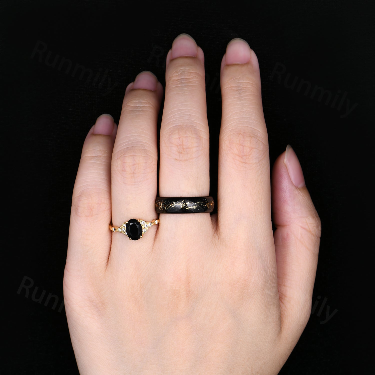 Oval Black Onyx Couples Ring Set - His and Hers Yellow Gold Matching Rings - Celtic Knot Promise Wedding Ring