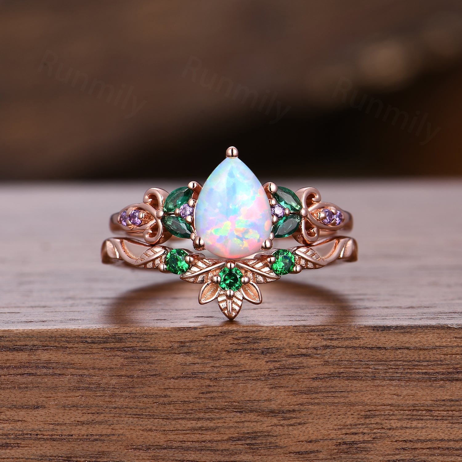 Vintage Pear White Opal Engagement Ring Rose Gold Art Deco Cluster Ring Set Emerald Amethyst Wedding Set Multi Stone Ring