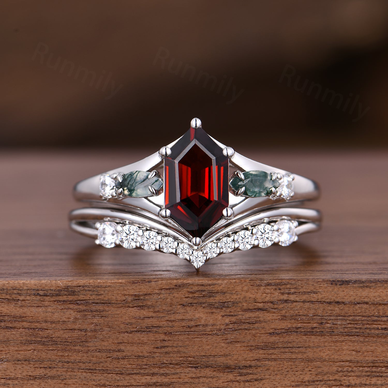 Unique Hexagon Garnet Engagement Ring Set White Gold Moss Agate Ring Curved Moissanite Stacking Bridal Wedding Ring Set Promise Ring