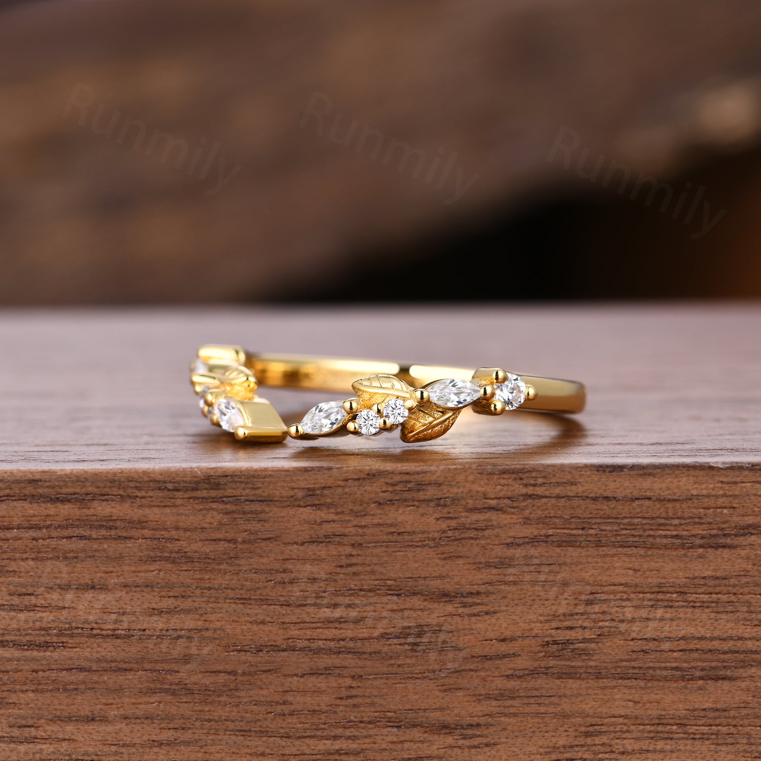 Open Gap Moissanite Wedding Band Nature Inspired Diamond Band Solid Yellow Gold Leaf Stacking Anniversary Ring For Women