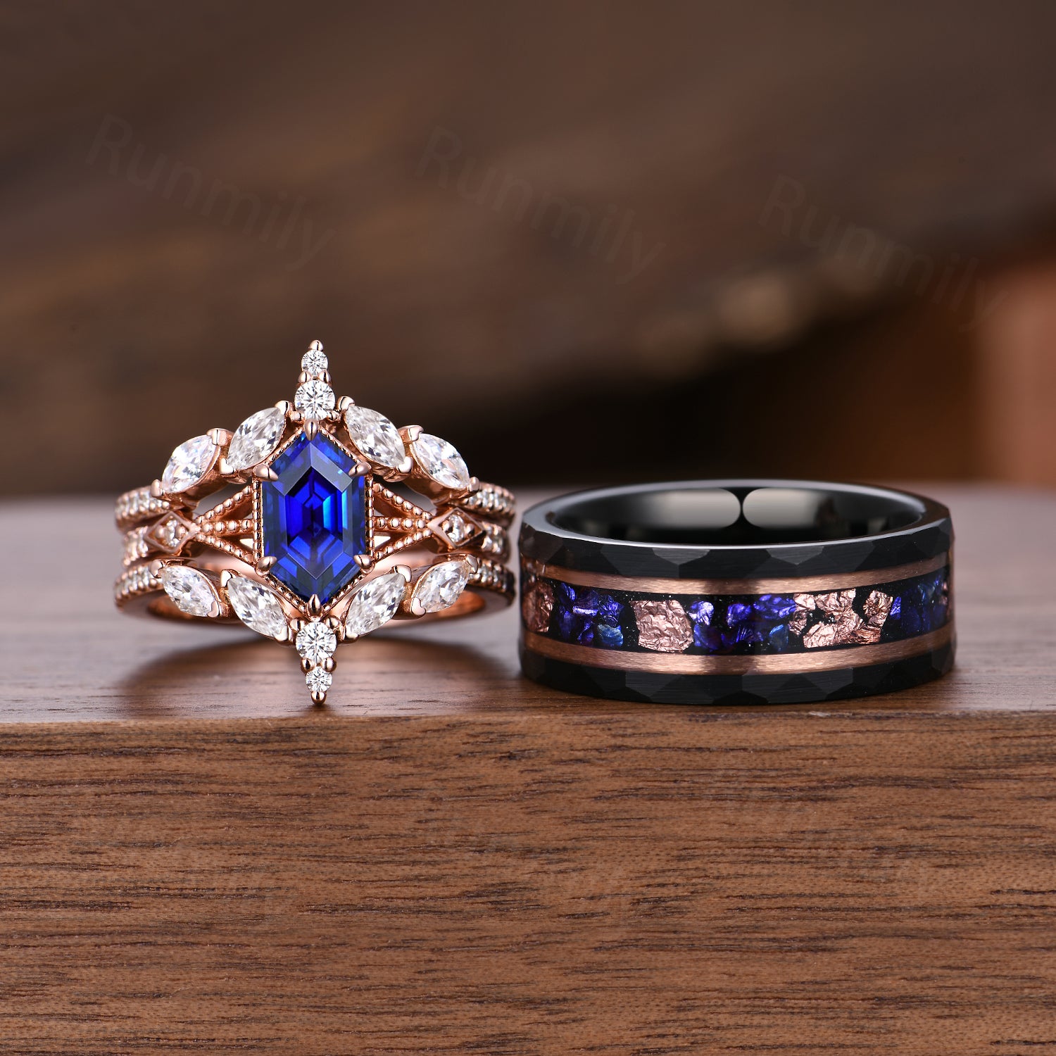 Blue Sapphire Couples Ring Set Vintage Double Curved Diamond Band Rose Gold His and Her Wedding Band Promise Ring For Men and Women