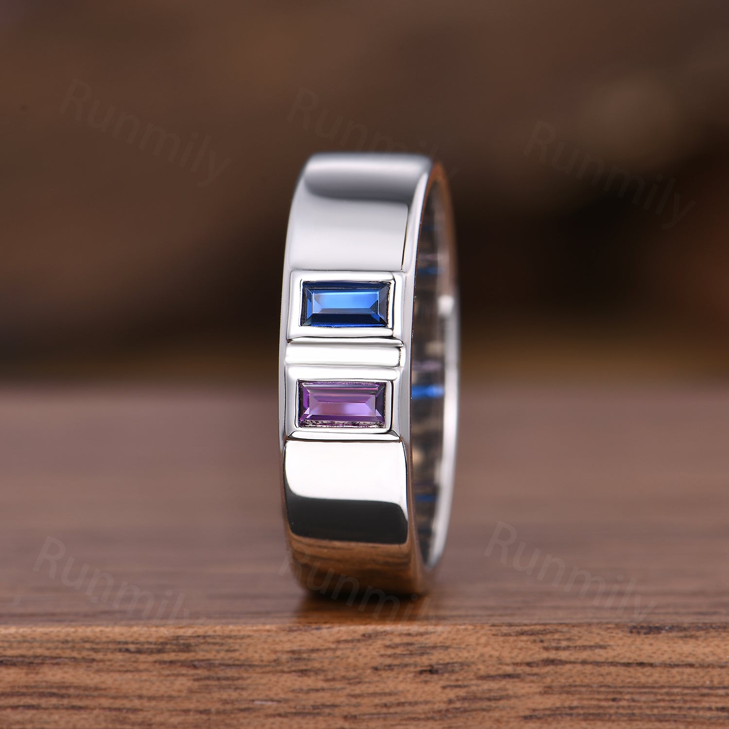 Men's 6mm Baguette Blue Sapphire & Amethyst Wedding Band Sterling Silver Stackable Matching Band Family Ring Personalized Gift For Him