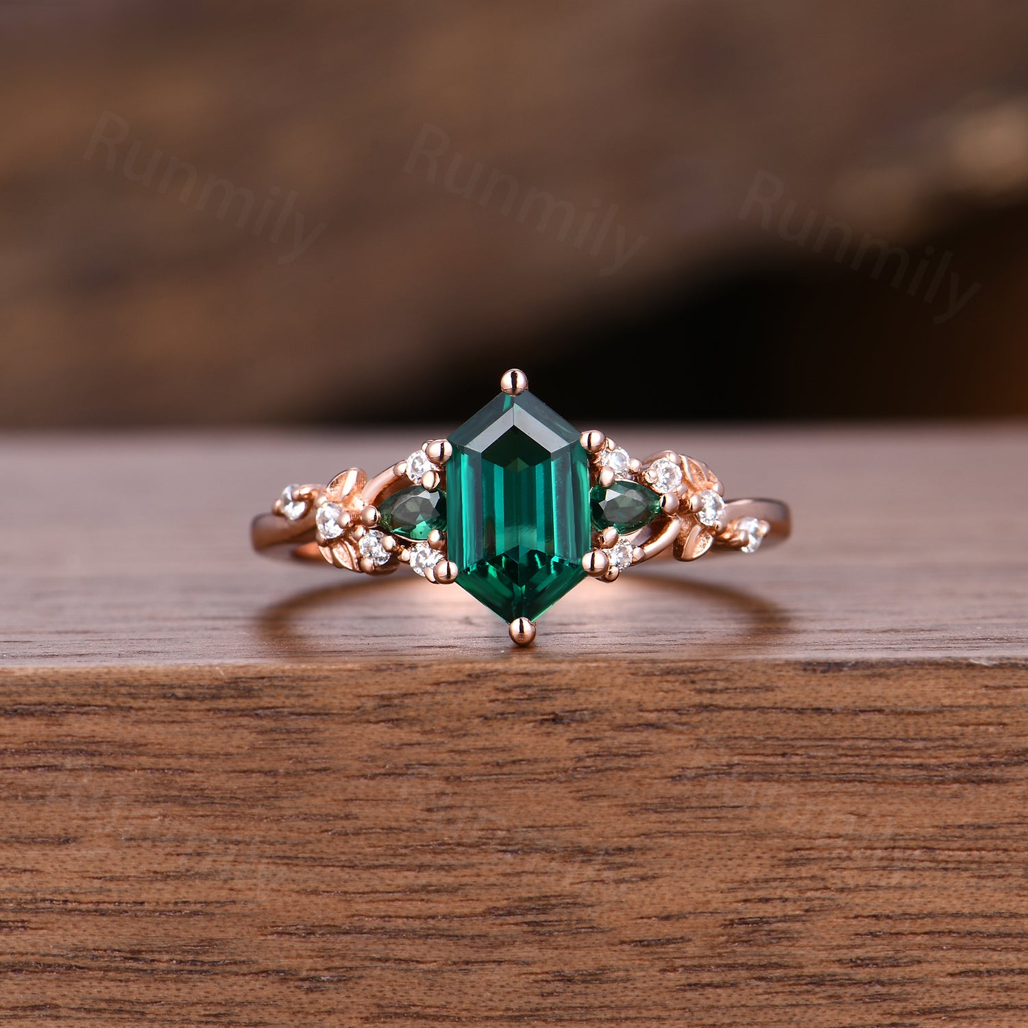 Unique Hexagon Cut Emerald Engagement Ring Set Art Deco Leaf Nature Inspired Ring 14k Rose Gold May Birthstone 2pcs Bridal Ring Set