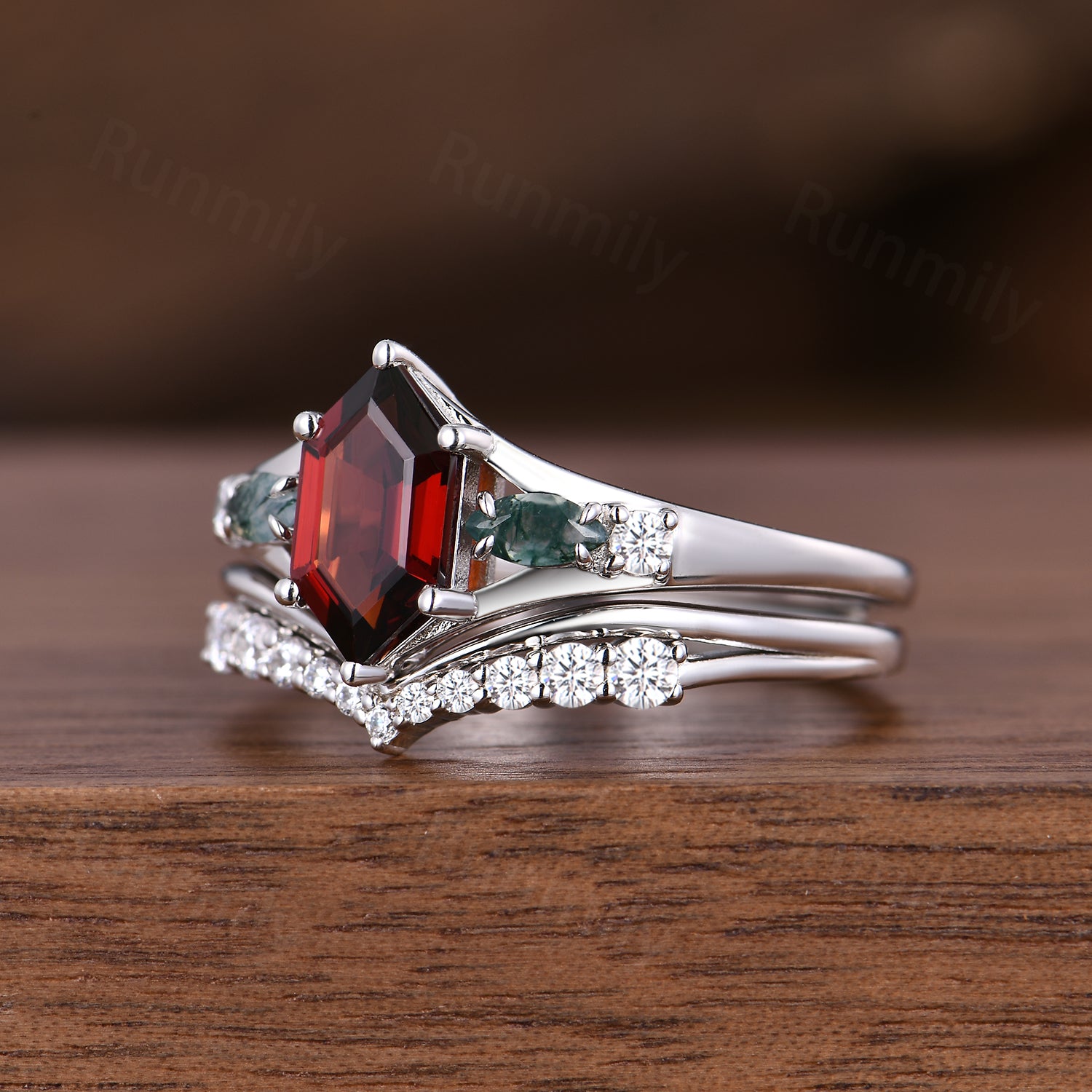 Unique Hexagon Garnet Engagement Ring Set White Gold Moss Agate Ring Curved Moissanite Stacking Bridal Wedding Ring Set Promise Ring