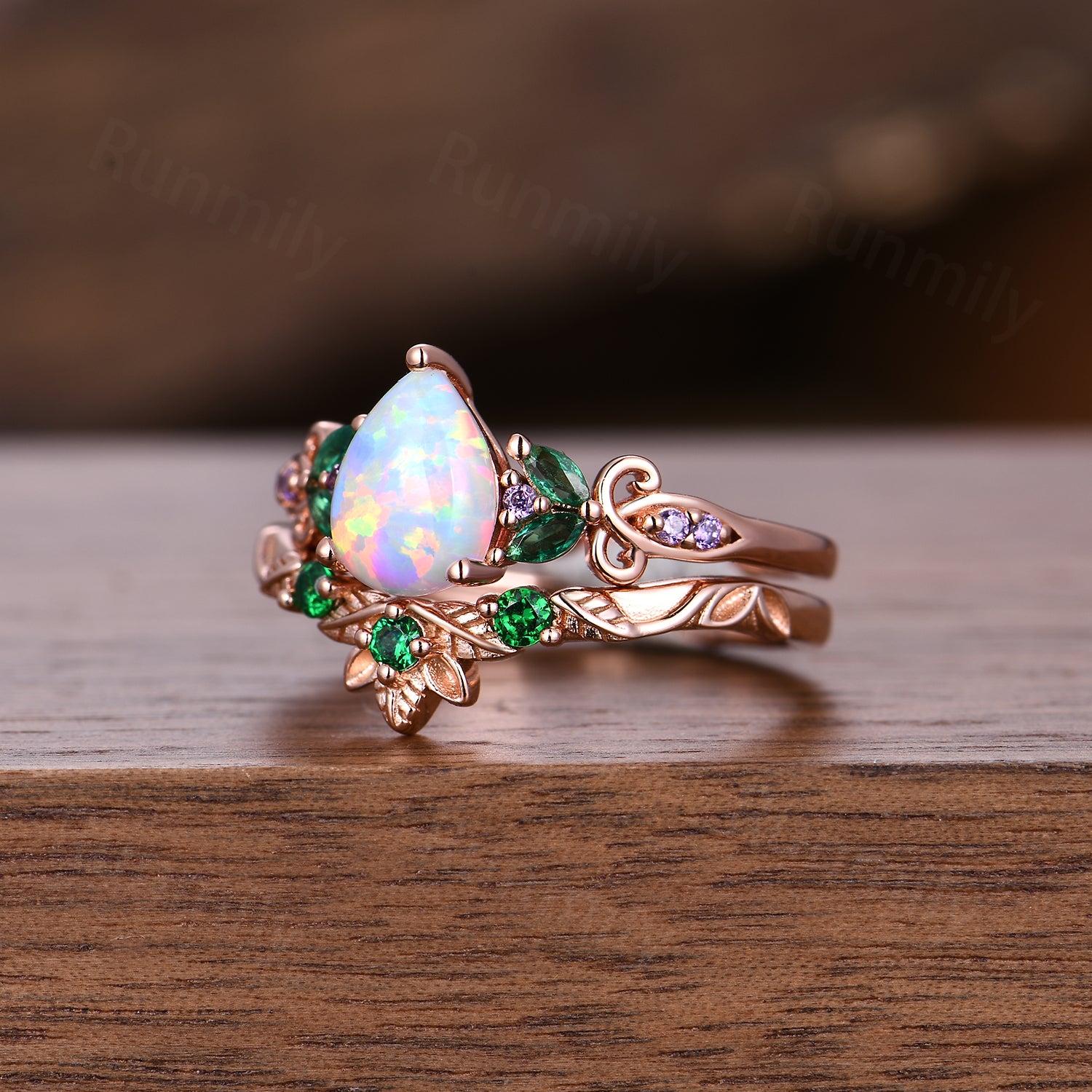 Vintage Pear White Opal Engagement Ring Rose Gold Art Deco Cluster Ring Set Emerald Amethyst Wedding Set Multi Stone Ring