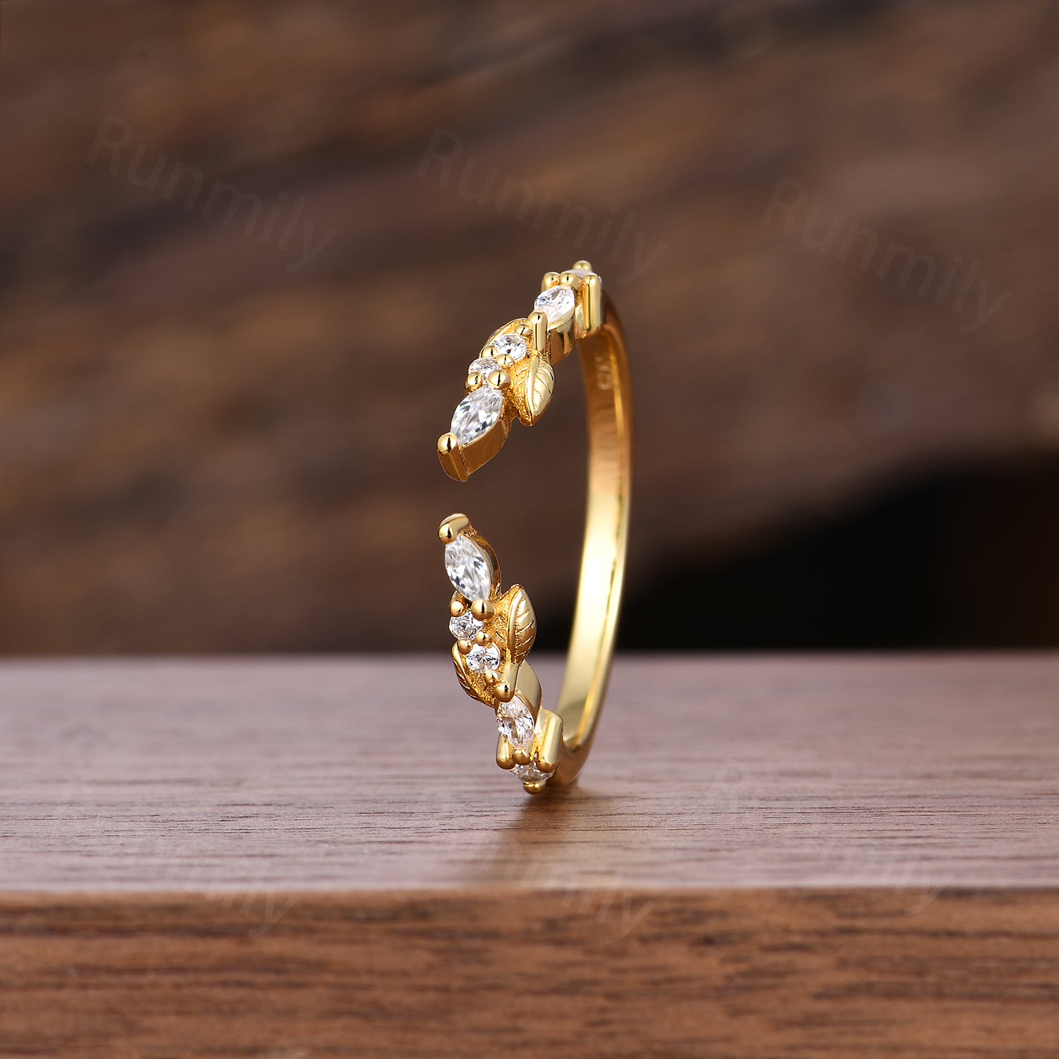 Open Gap Moissanite Wedding Band Nature Inspired Diamond Band Solid Yellow Gold Leaf Stacking Anniversary Ring For Women
