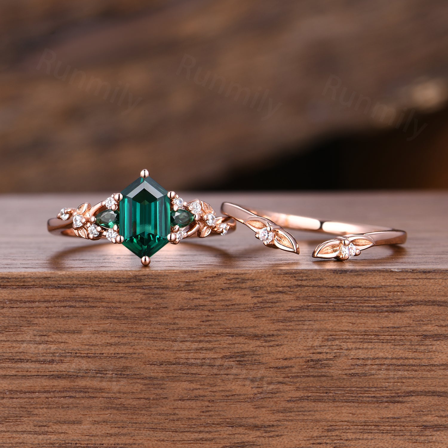 Unique Hexagon Cut Emerald Engagement Ring Set Art Deco Leaf Nature Inspired Ring 14k Rose Gold May Birthstone 2pcs Bridal Ring Set