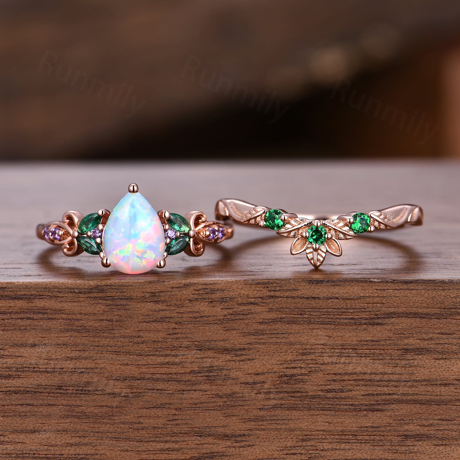 Vintage Pear White Opal Engagement Ring Rose Gold Art Deco Cluster Ring Set Emerald Amethyst Wedding Set Multi Stone Ring
