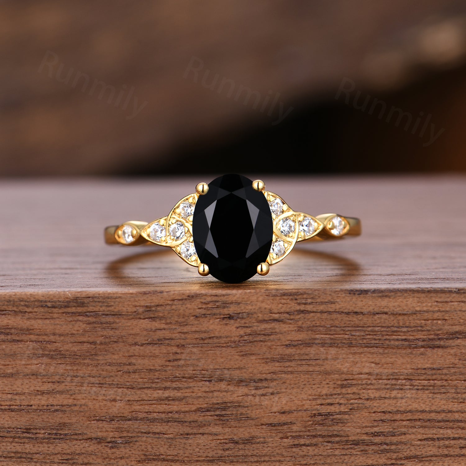 Oval Black Onyx Couples Ring Set - His and Hers Yellow Gold Matching Rings - Celtic Knot Promise Wedding Ring