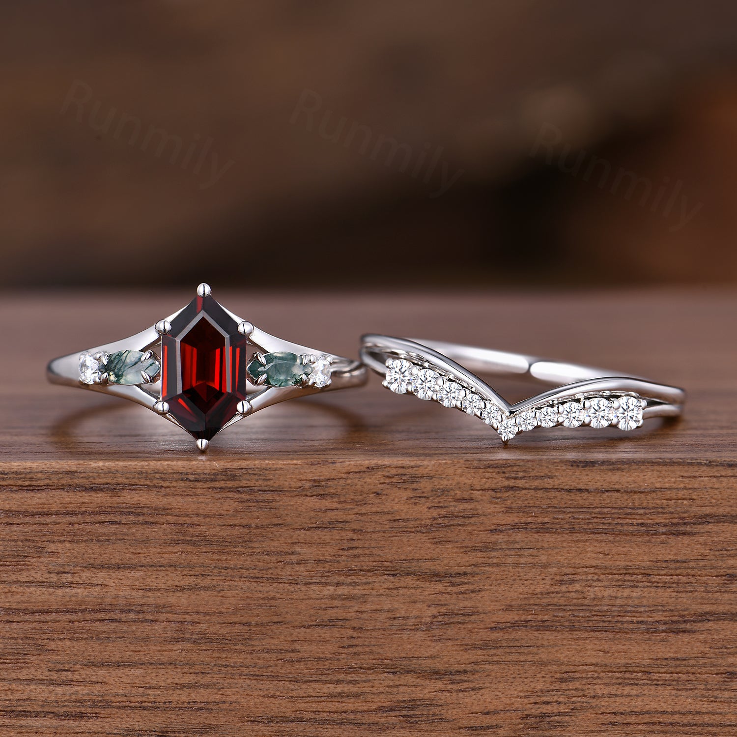 Unique Hexagon Garnet Engagement Ring Set White Gold Moss Agate Ring Curved Moissanite Stacking Bridal Wedding Ring Set Promise Ring