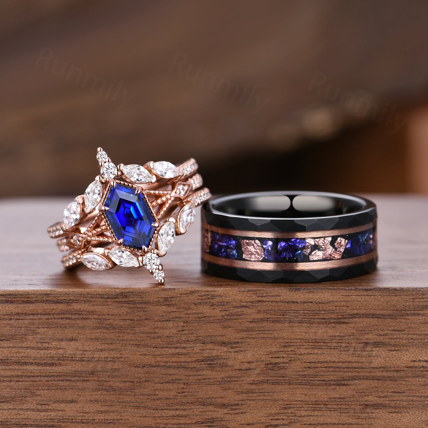 Blue Sapphire Couples Ring Set Vintage Double Curved Diamond Band Rose Gold His and Her Wedding Band Promise Ring For Men and Women