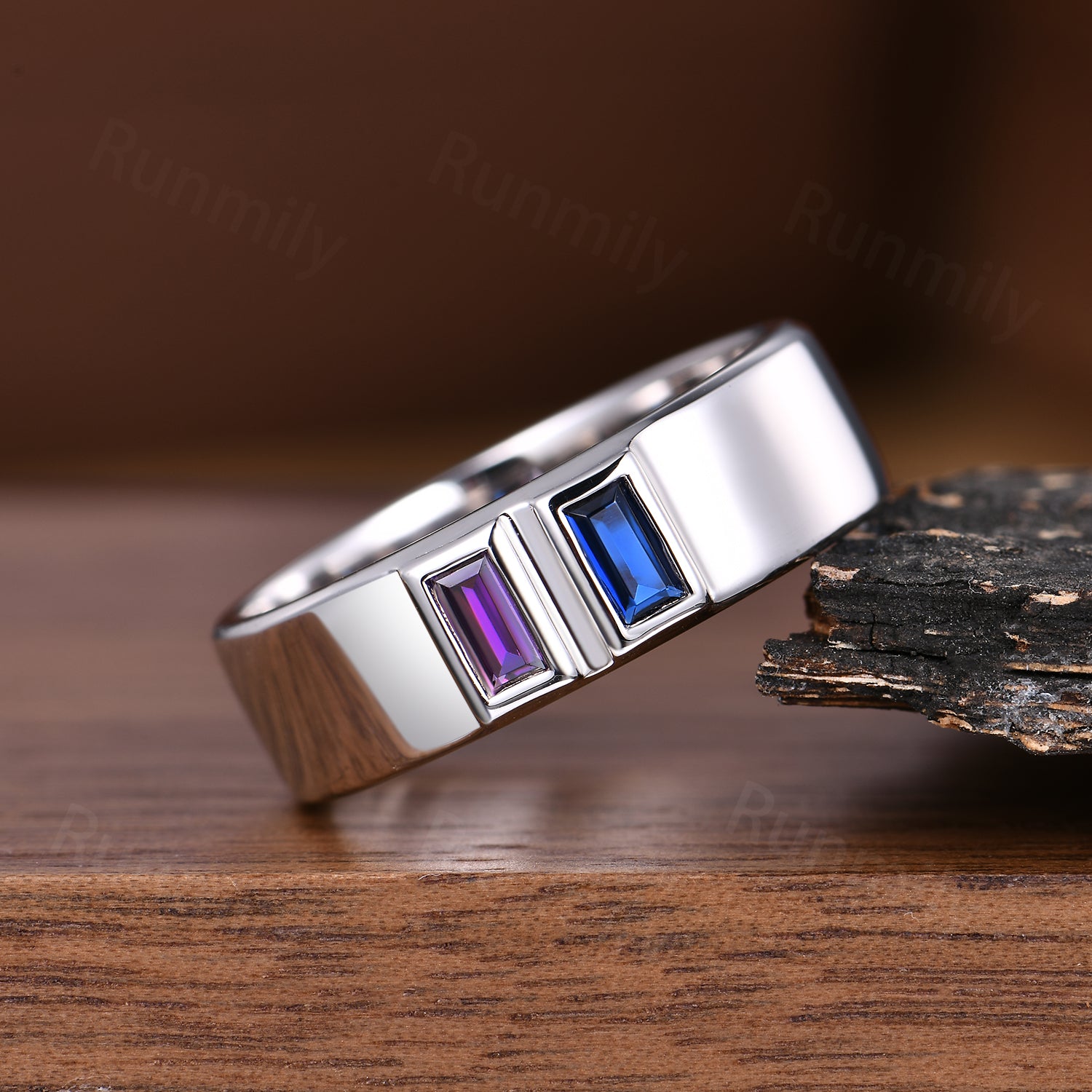 Men's 6mm Baguette Blue Sapphire & Amethyst Wedding Band Sterling Silver Stackable Matching Band Family Ring Personalized Gift For Him