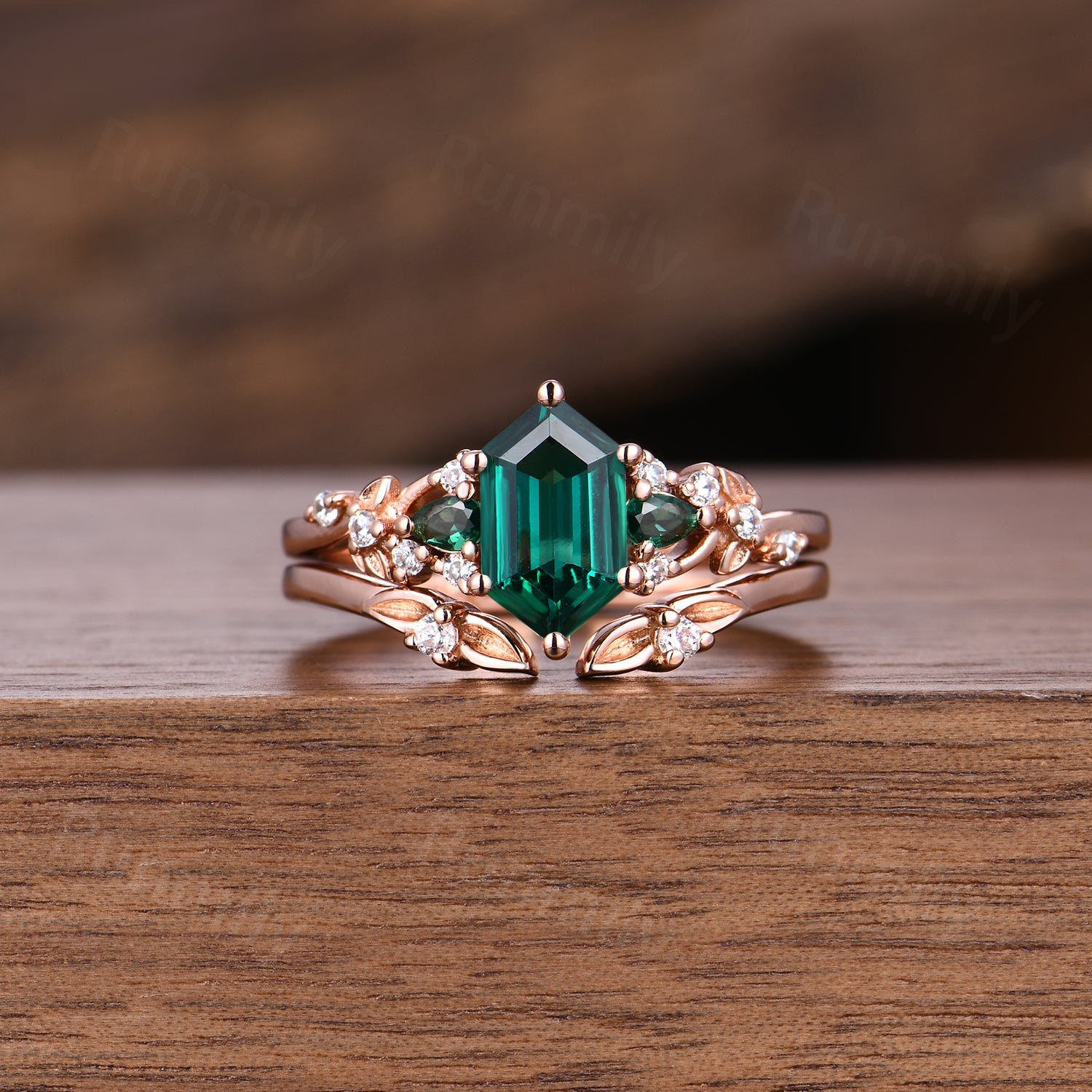 Unique Hexagon Cut Emerald Engagement Ring Set Art Deco Leaf Nature Inspired Ring 14k Rose Gold May Birthstone 2pcs Bridal Ring Set