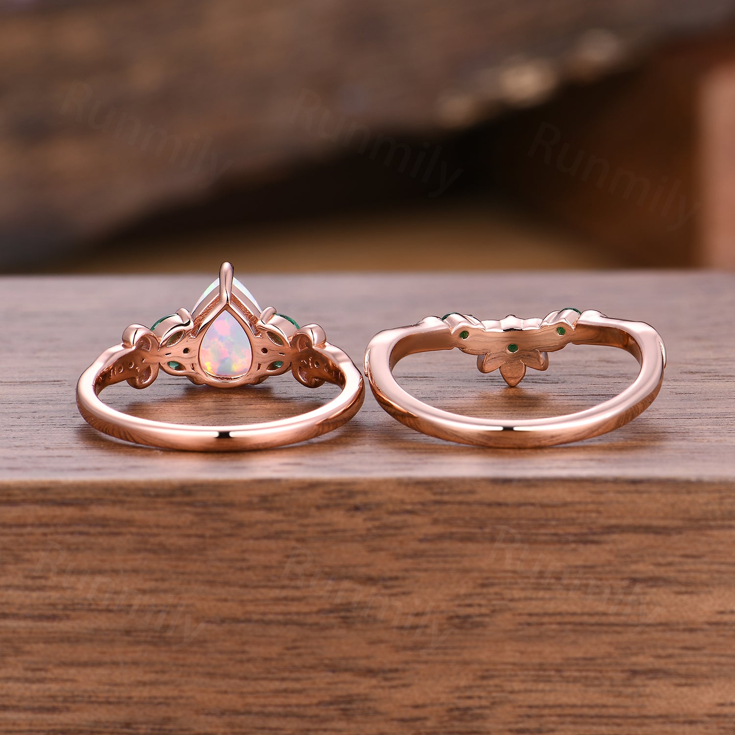 Vintage Pear White Opal Engagement Ring Rose Gold Art Deco Cluster Ring Set Emerald Amethyst Wedding Set Multi Stone Ring