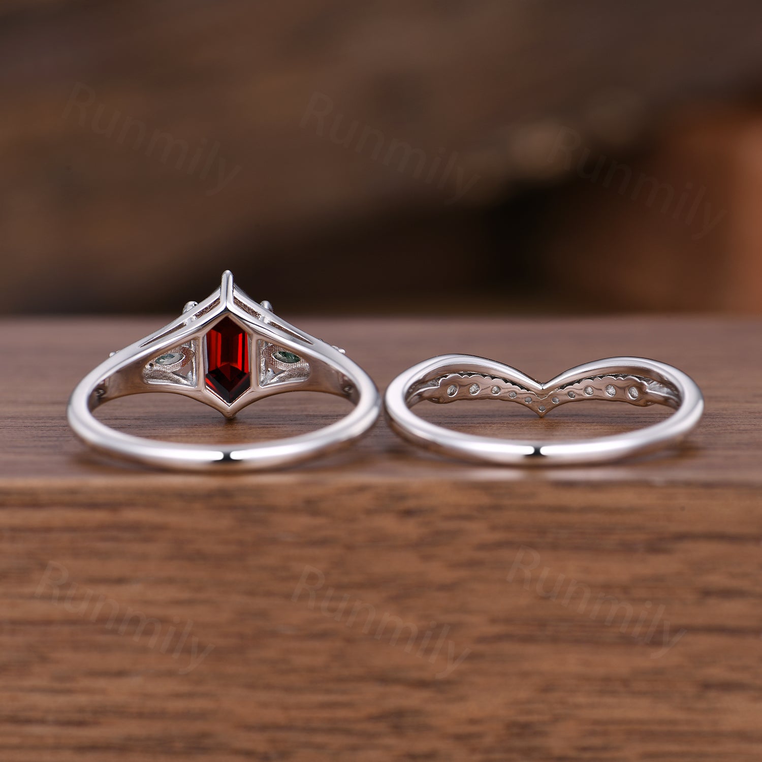 Unique Hexagon Garnet Engagement Ring Set White Gold Moss Agate Ring Curved Moissanite Stacking Bridal Wedding Ring Set Promise Ring