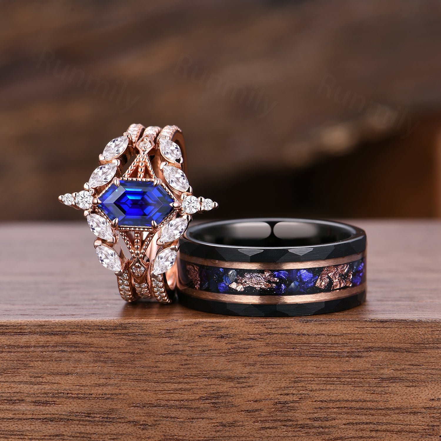 Blue Sapphire Couples Ring Set Vintage Double Curved Diamond Band Rose Gold His and Her Wedding Band Promise Ring For Men and Women
