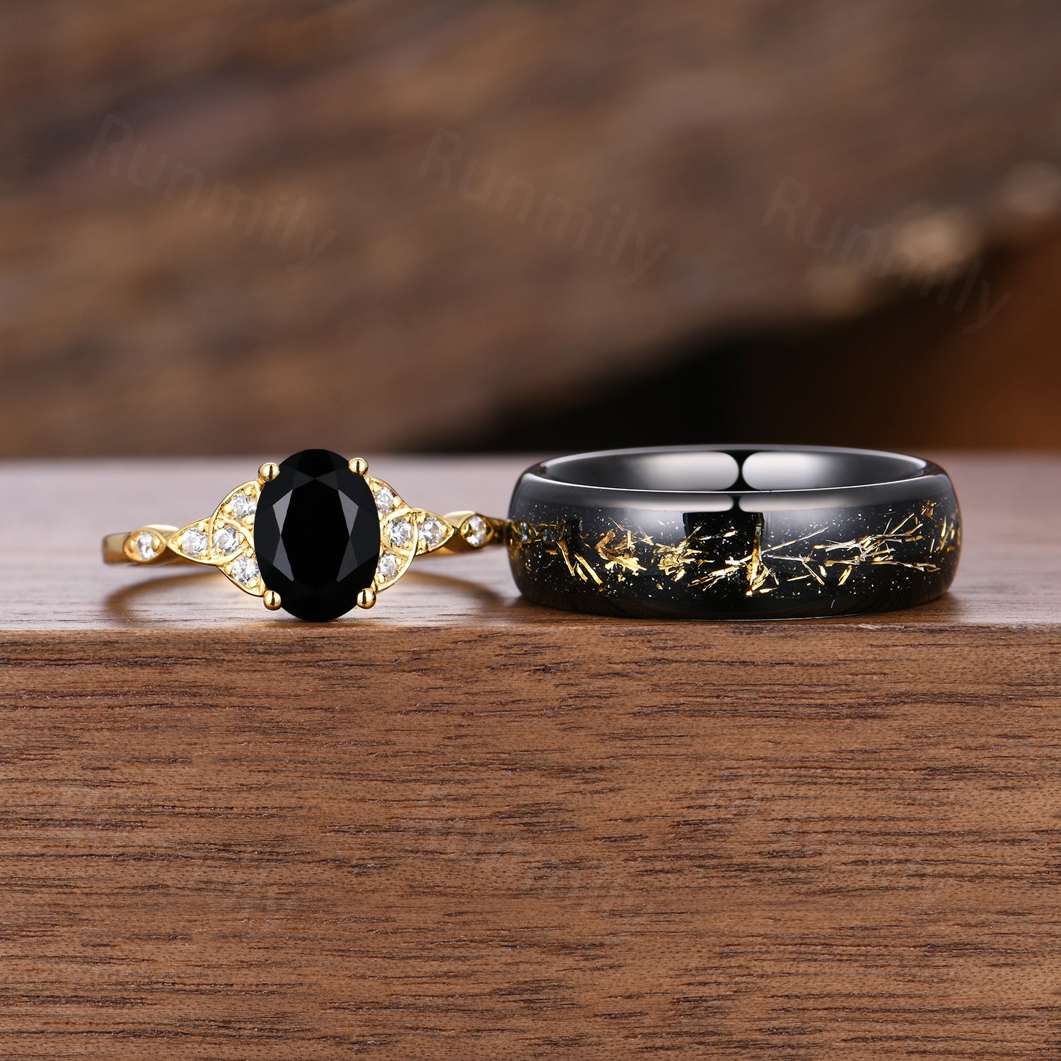 Oval Black Onyx Couples Ring Set - His and Hers Yellow Gold Matching Rings - Celtic Knot Promise Wedding Ring