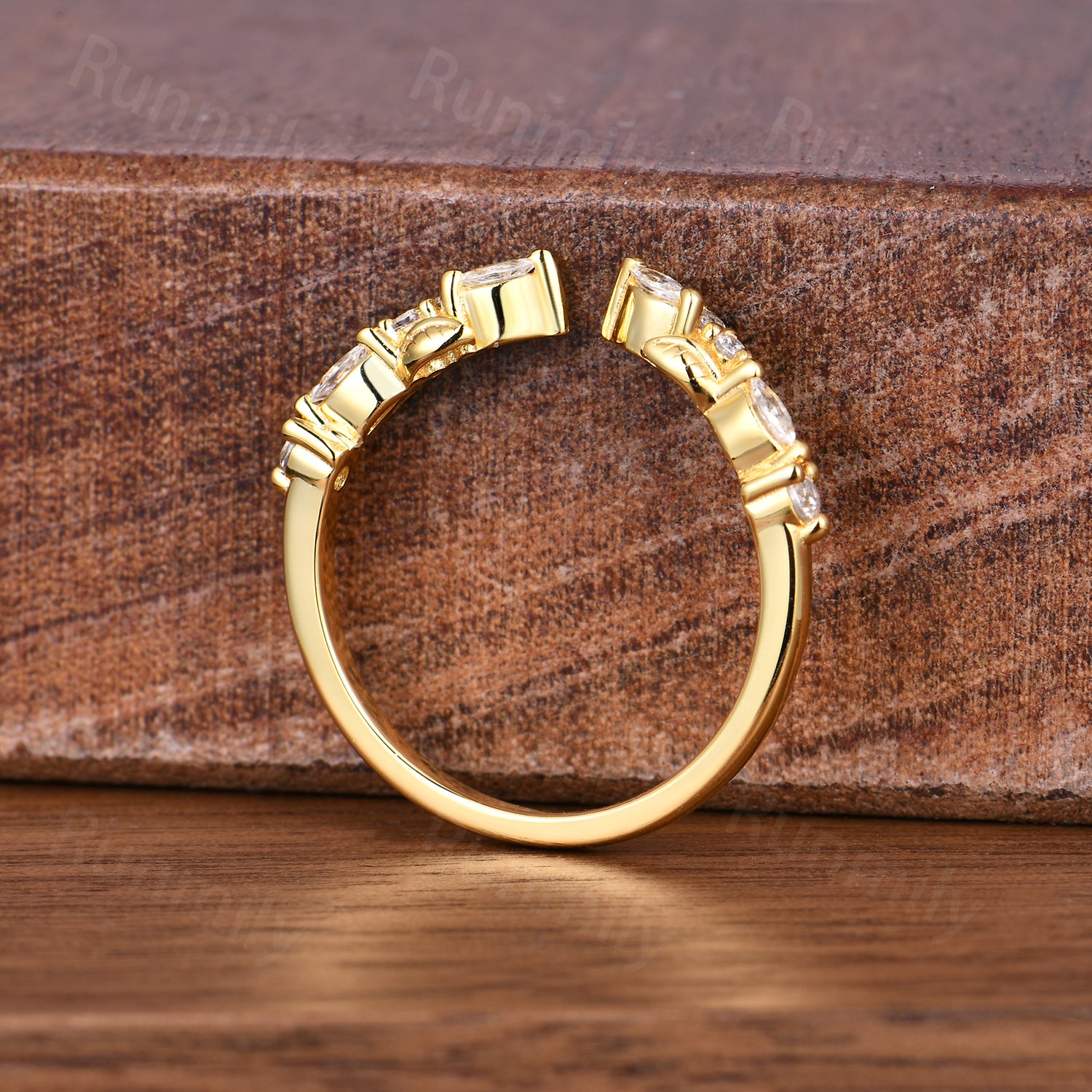 Open Gap Moissanite Wedding Band Nature Inspired Diamond Band Solid Yellow Gold Leaf Stacking Anniversary Ring For Women