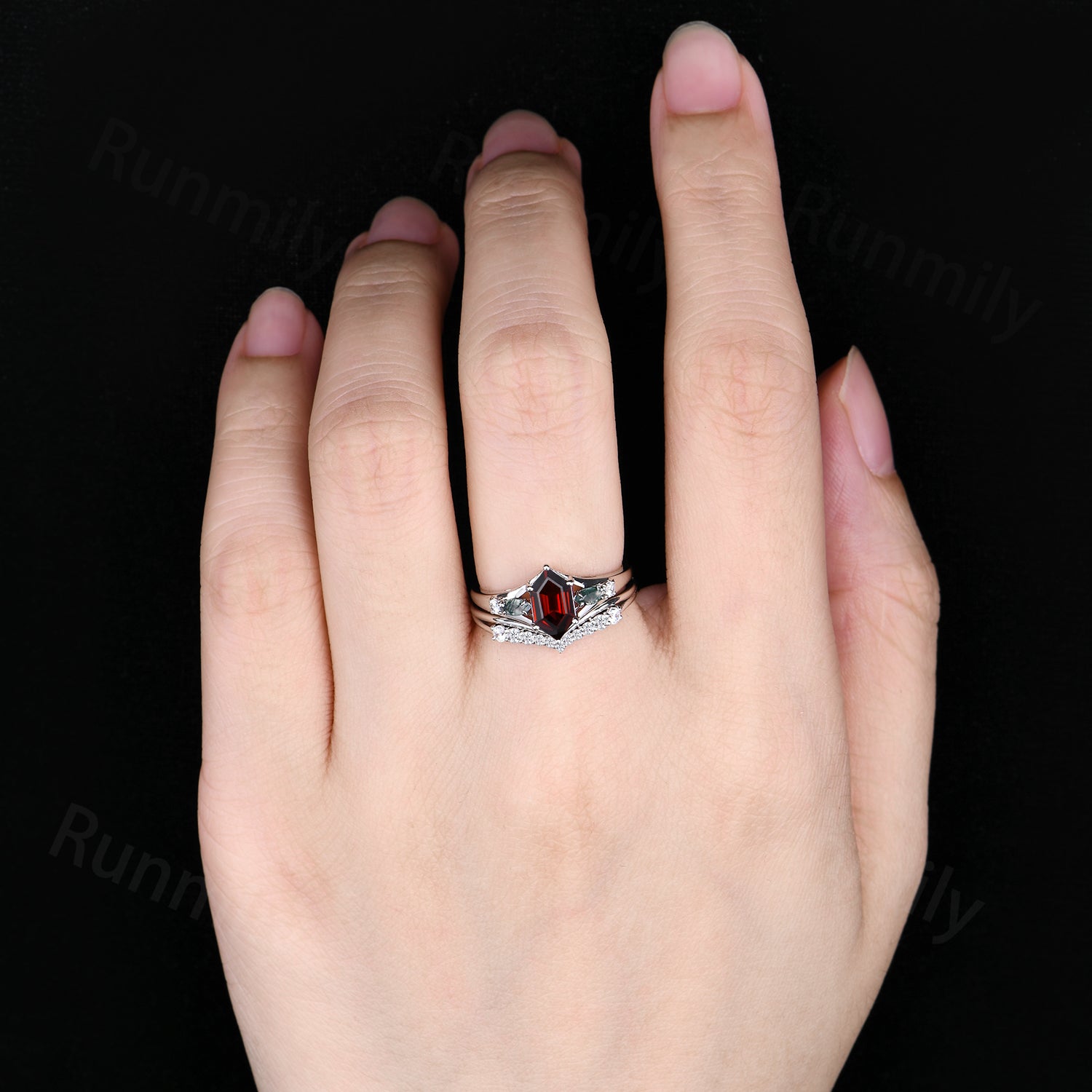 Unique Hexagon Garnet Engagement Ring Set White Gold Moss Agate Ring Curved Moissanite Stacking Bridal Wedding Ring Set Promise Ring