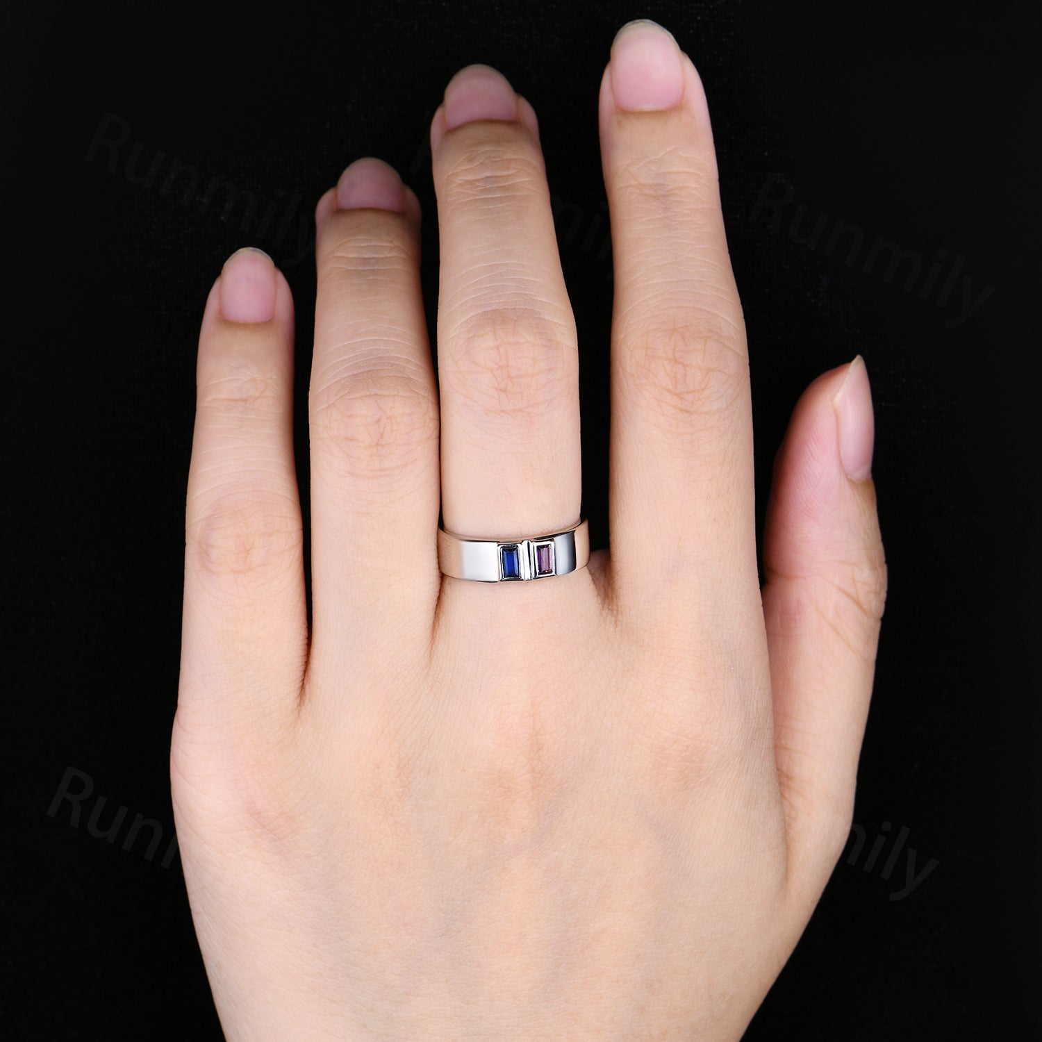 Men's 6mm Baguette Blue Sapphire & Amethyst Wedding Band Sterling Silver Stackable Matching Band Family Ring Personalized Gift For Him