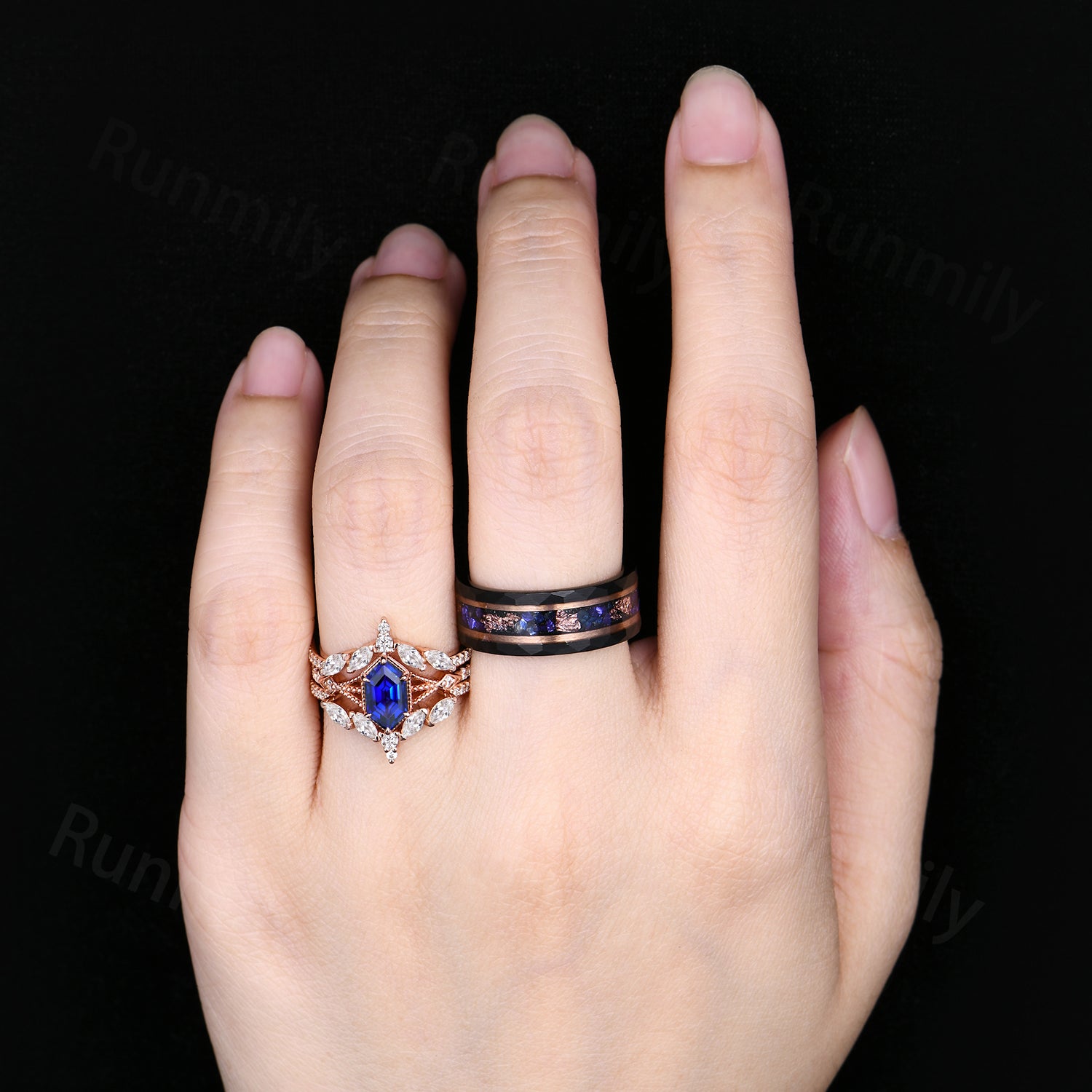 Blue Sapphire Couples Ring Set Vintage Double Curved Diamond Band Rose Gold His and Her Wedding Band Promise Ring For Men and Women