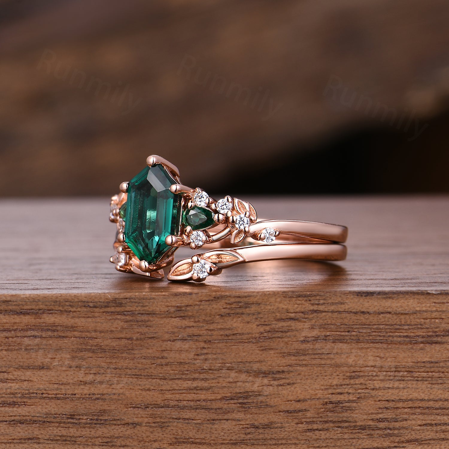 Unique Hexagon Cut Emerald Engagement Ring Set Art Deco Leaf Nature Inspired Ring 14k Rose Gold May Birthstone 2pcs Bridal Ring Set