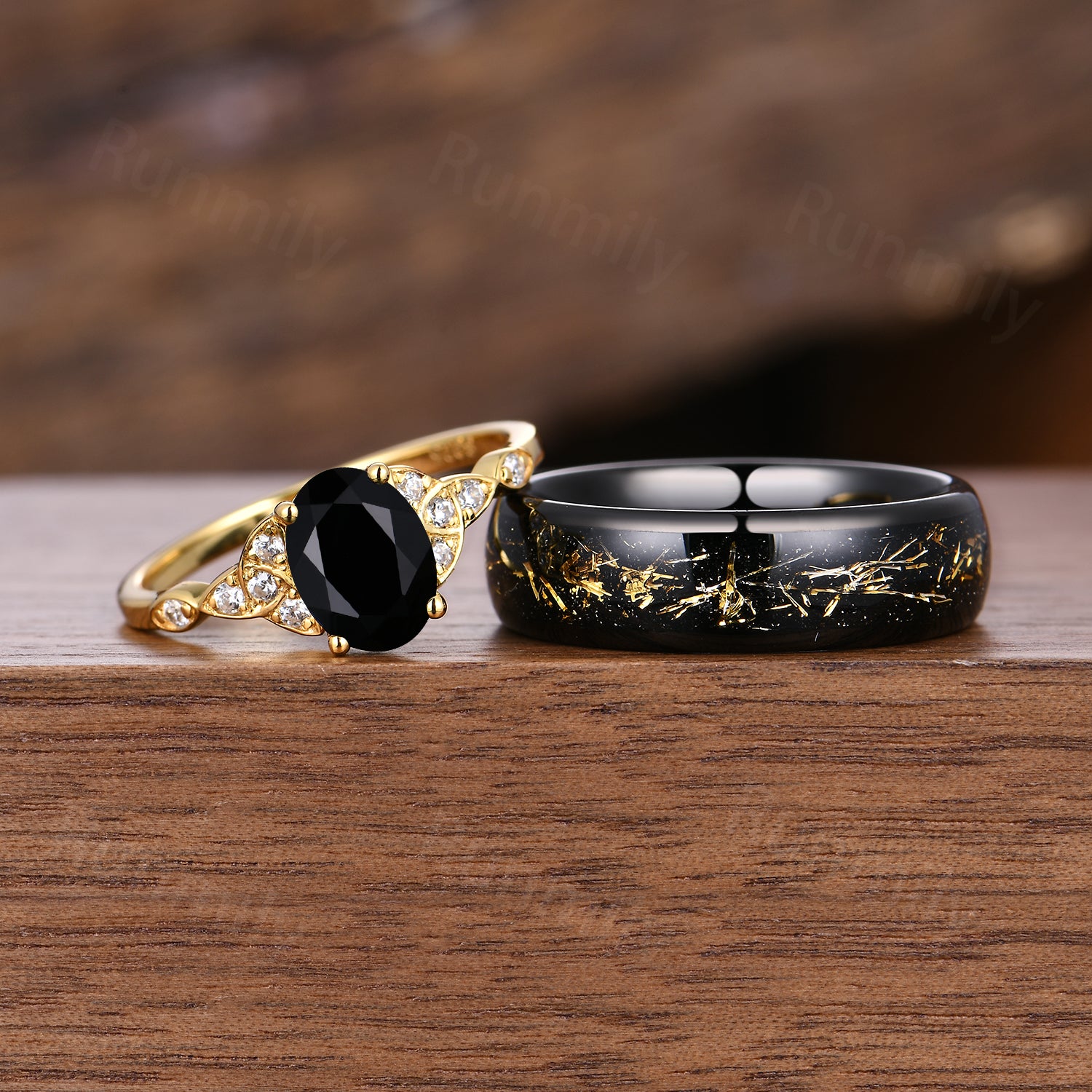 Oval Black Onyx Couples Ring Set - His and Hers Yellow Gold Matching Rings - Celtic Knot Promise Wedding Ring