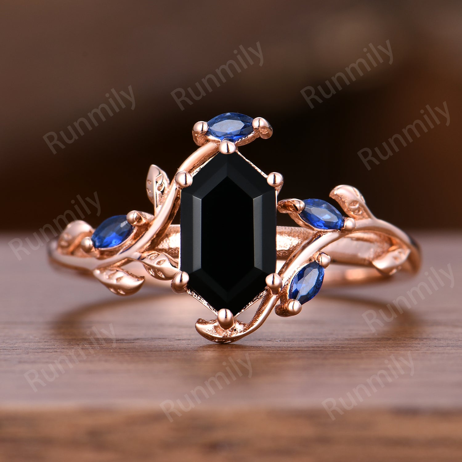 Black Onyx Sapphire Engagement Ring Hexagon Cut Branch Ring Rose Gold Wedding Band Black Stones Bridal Promise Rings