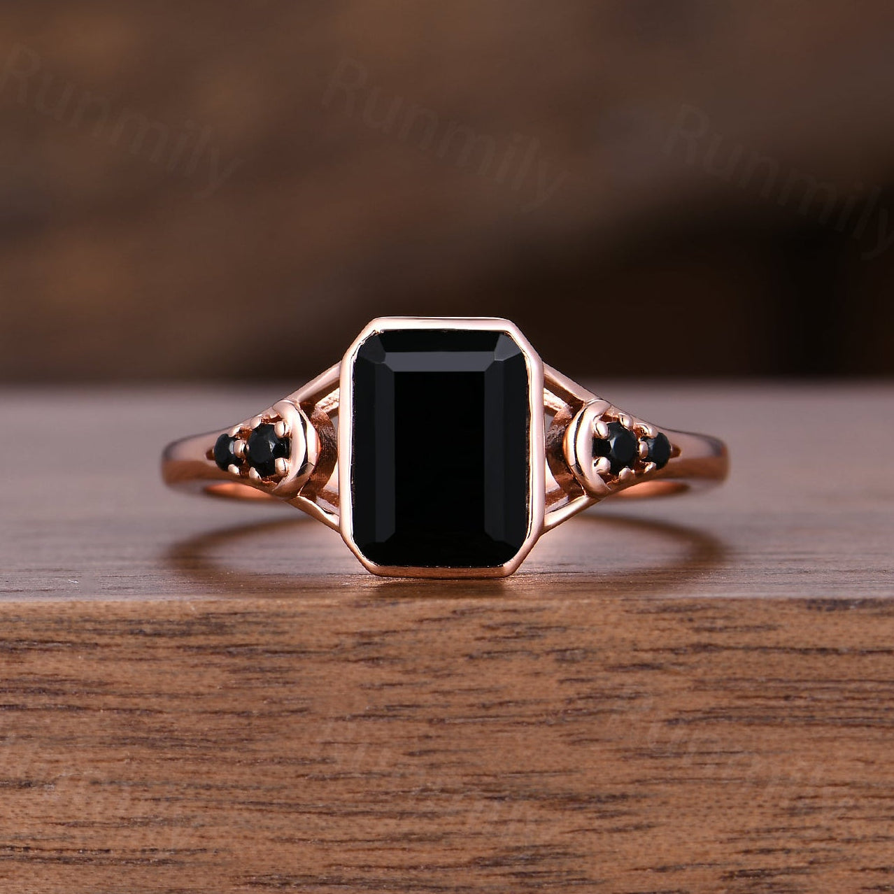 Emerald Cut Black Onyx Engagement Ring Vintage Unique Bezel Set Engagement Ring Moon Style Shank Ring Women Promise Ring Gift