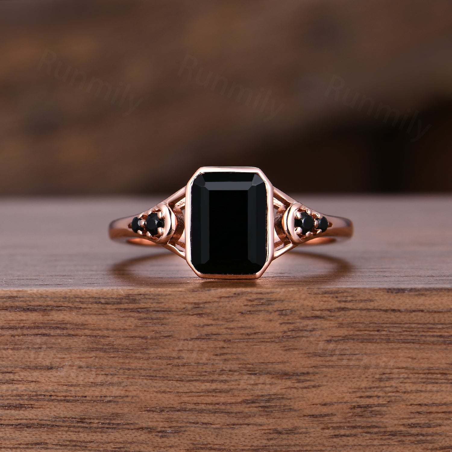 Emerald Cut Black Onyx Engagement Ring Vintage Unique Bezel Set Engagement Ring Moon Style Shank Ring Women Promise Ring Gift