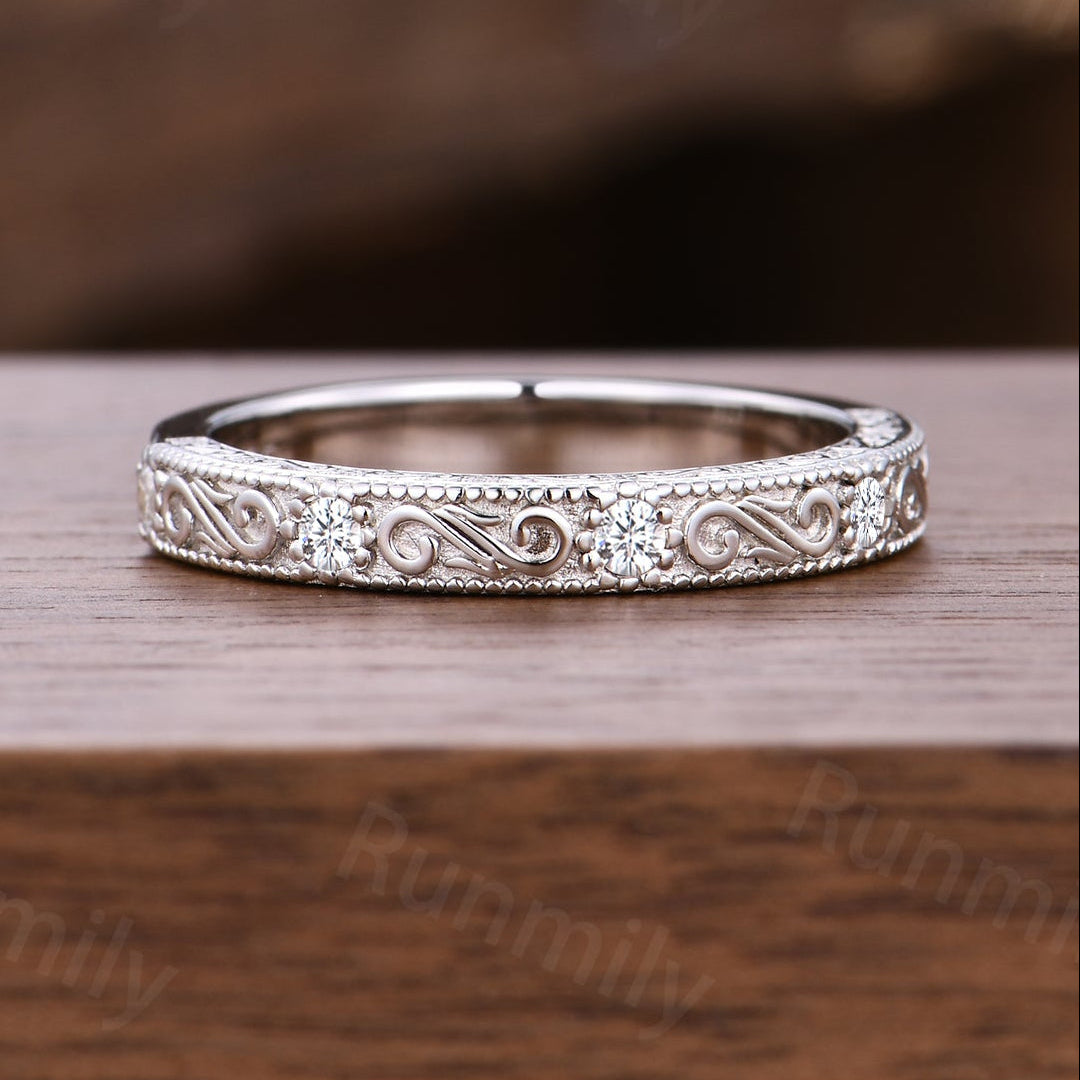 3mm Vintage Filigree Moissanite Wedding Band Unique Sterling Silver Stackable Ring Anniversary Art Deco 14K White Gold Wedding Band
